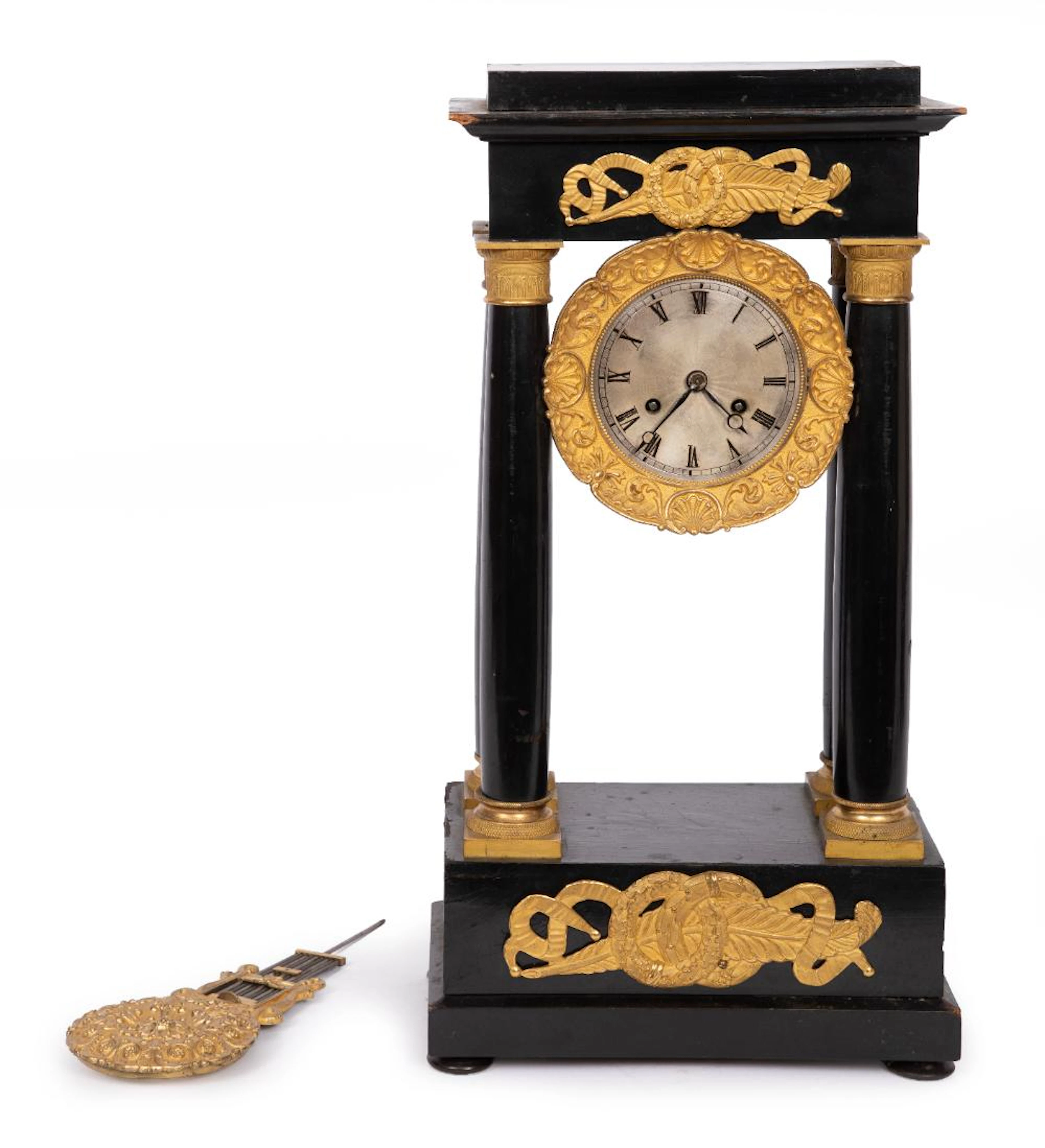 Antique French Gilt Bronze and Ebonized Wood Portico Clock