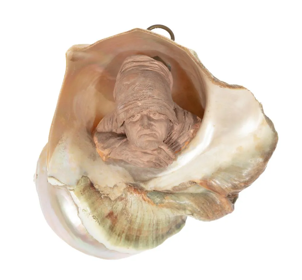 Pierre Adrien Graillon, French Peasant within a Nautilus Shell, terracotta