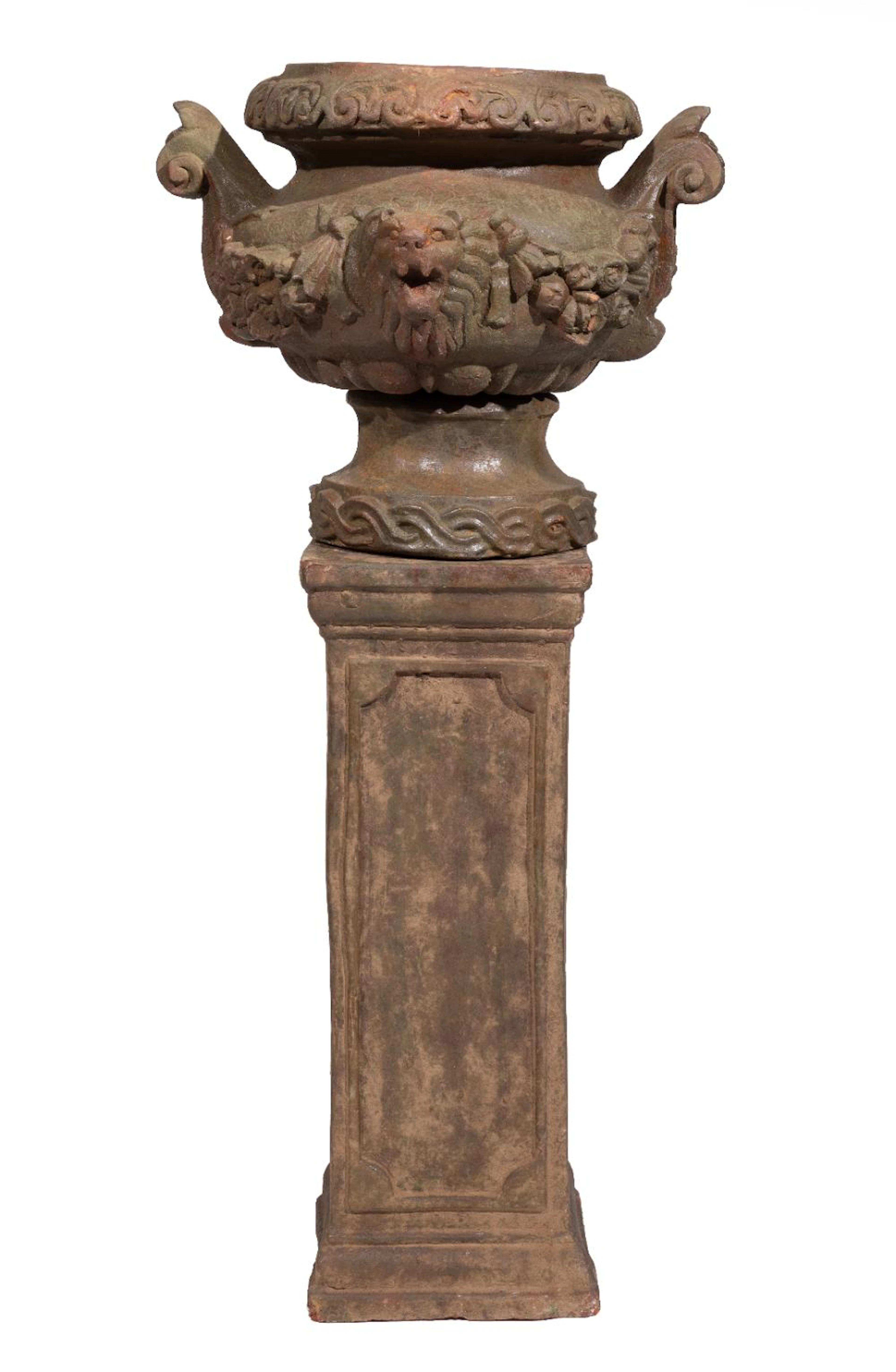 Continental Painted Terracotta Urn on Pedestal