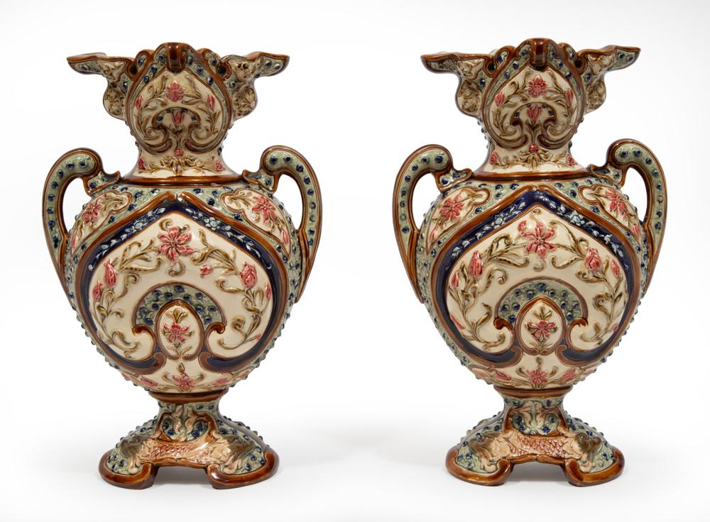 Pair of English Majolica Porcelain Urns