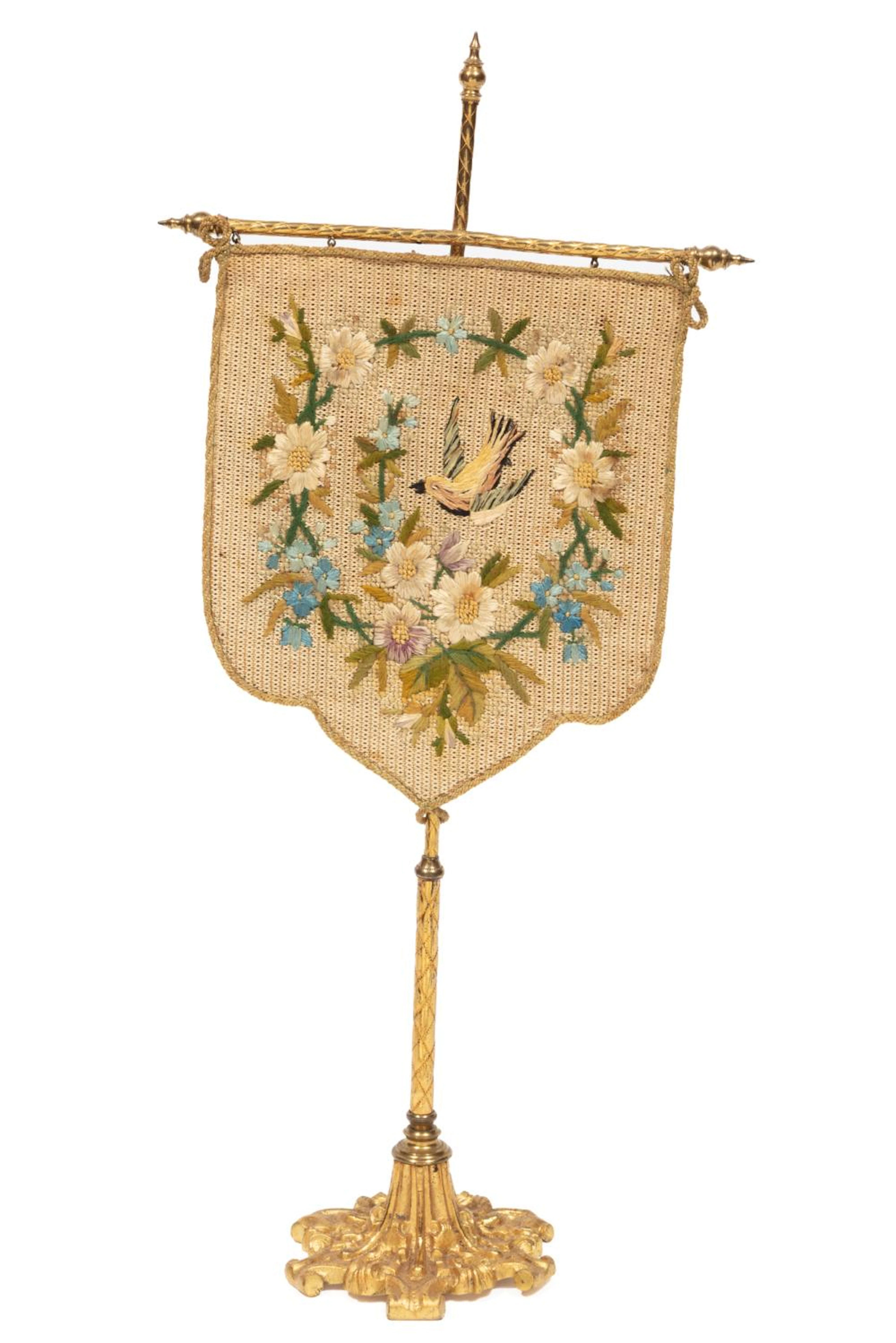Victorian Banner-Form Silk and Wool Embroidery and Gilt Metal Table Screen