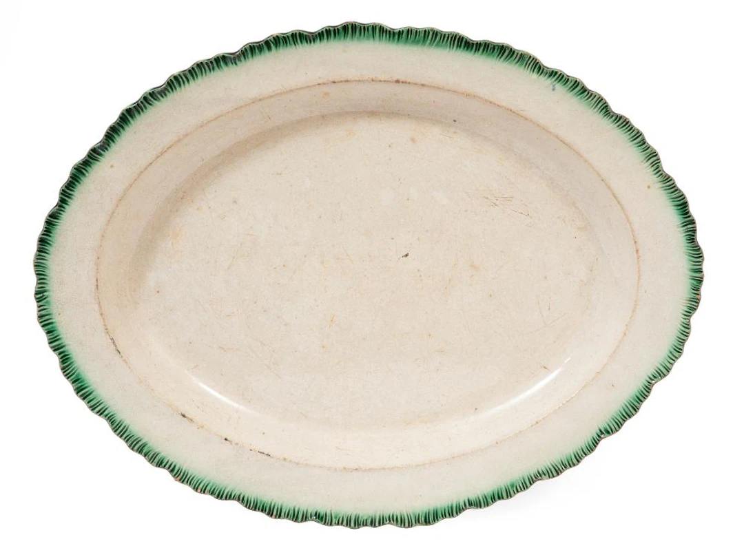 Leeds Porcelain Green Feather Edge Oval Platter