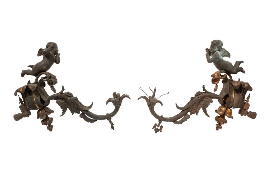 Pair of Patinated Bronze Figural Gas Sconces