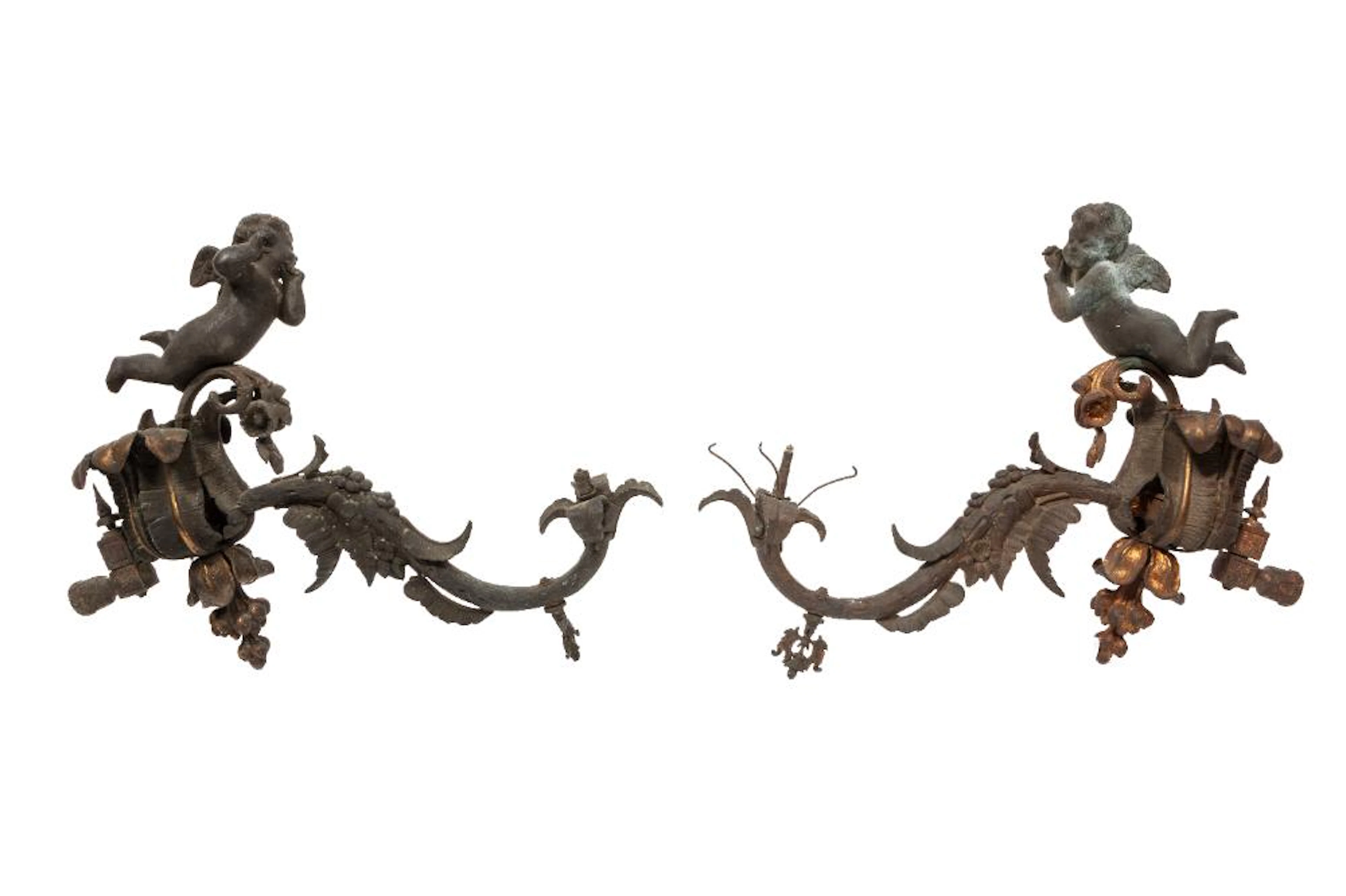 Pair of Patinated Bronze Figural Gas Sconces