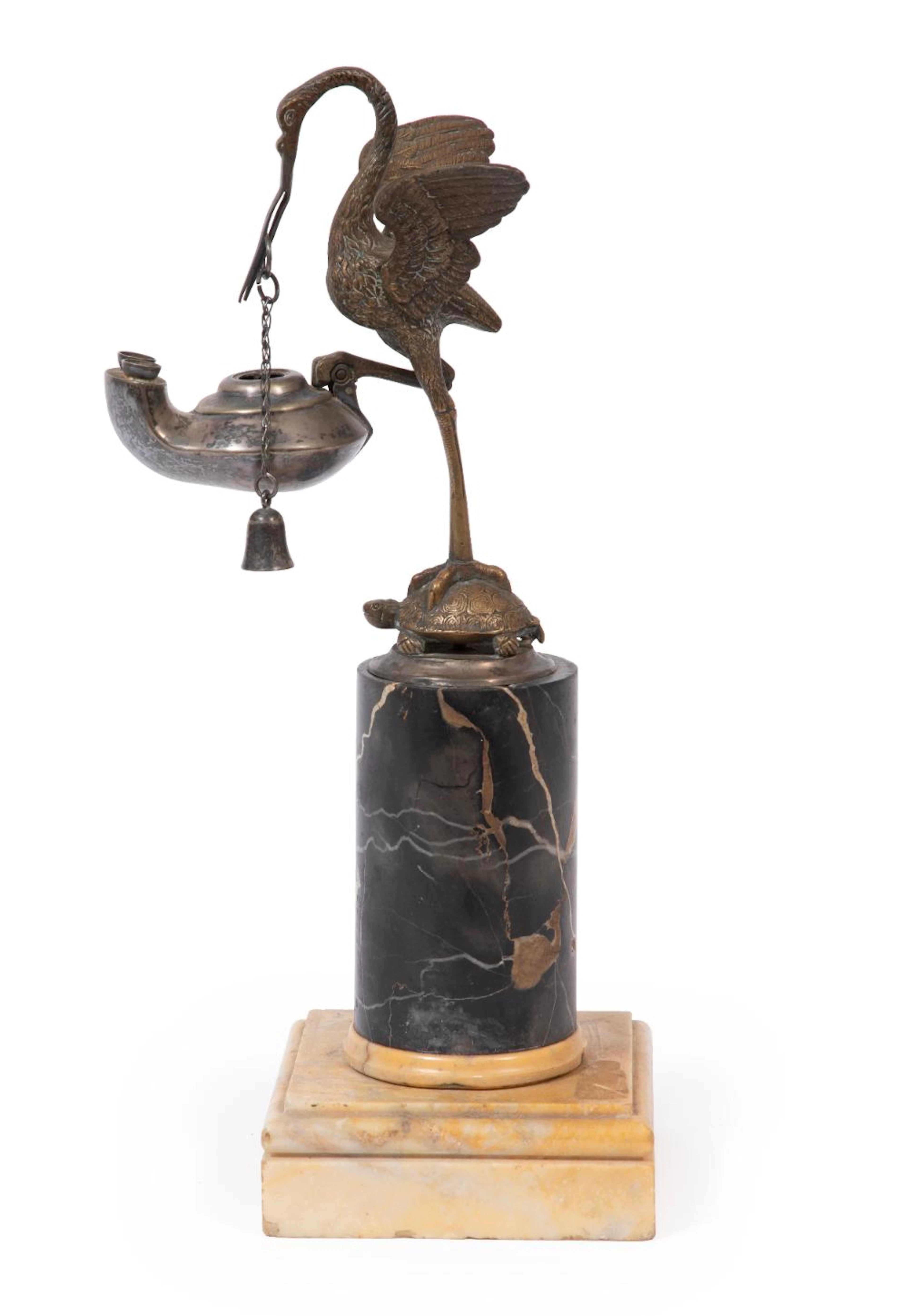 Antique Continental Bronze and Marble Figural Oil Lamp
