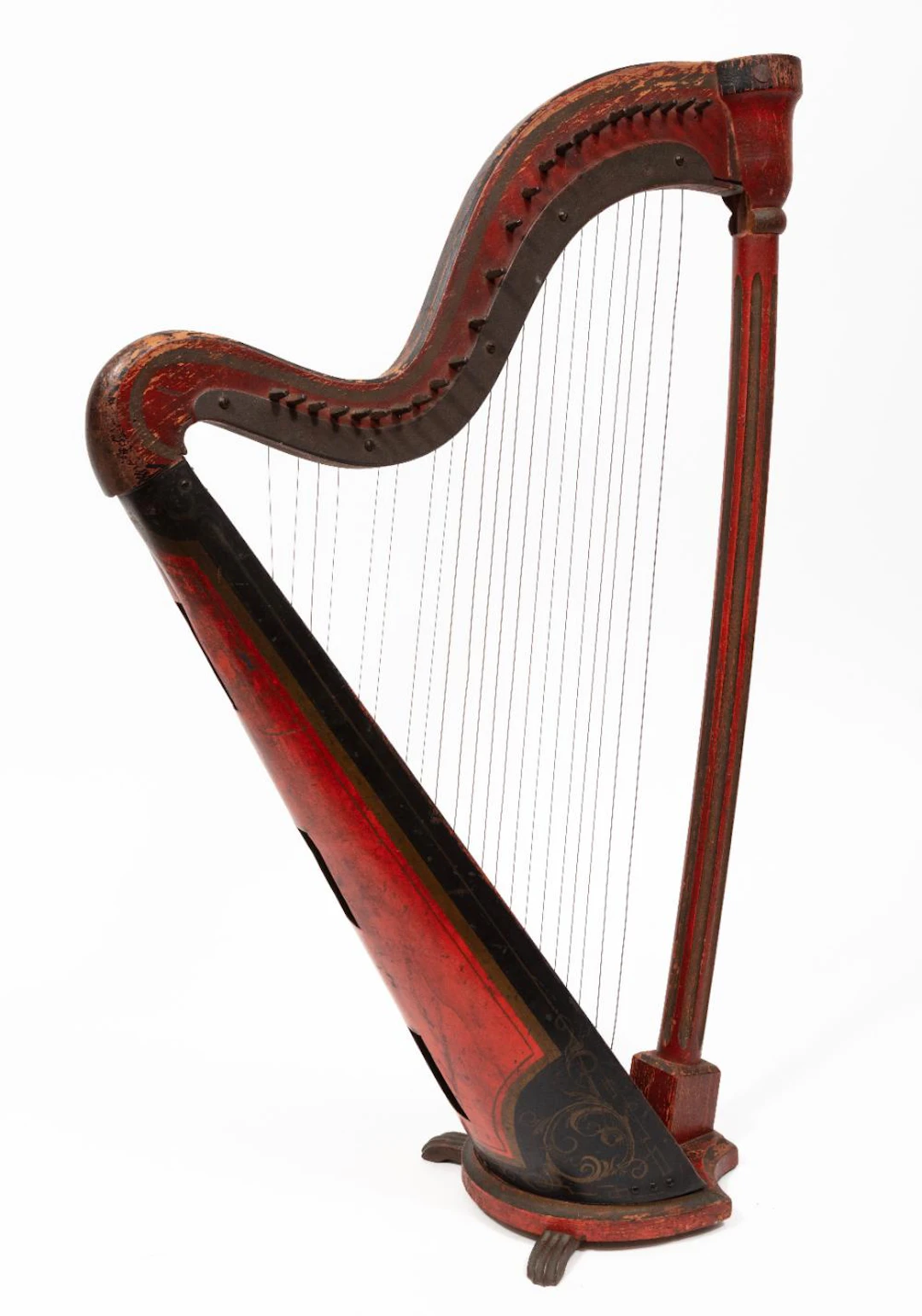 Antique Painted Tole and Carved Wood Harp