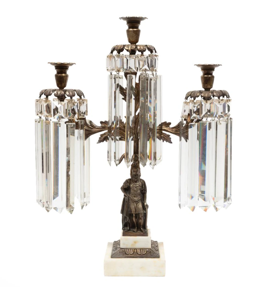 Antique Silvered Bronze Three-Light Prism Hung Girandole