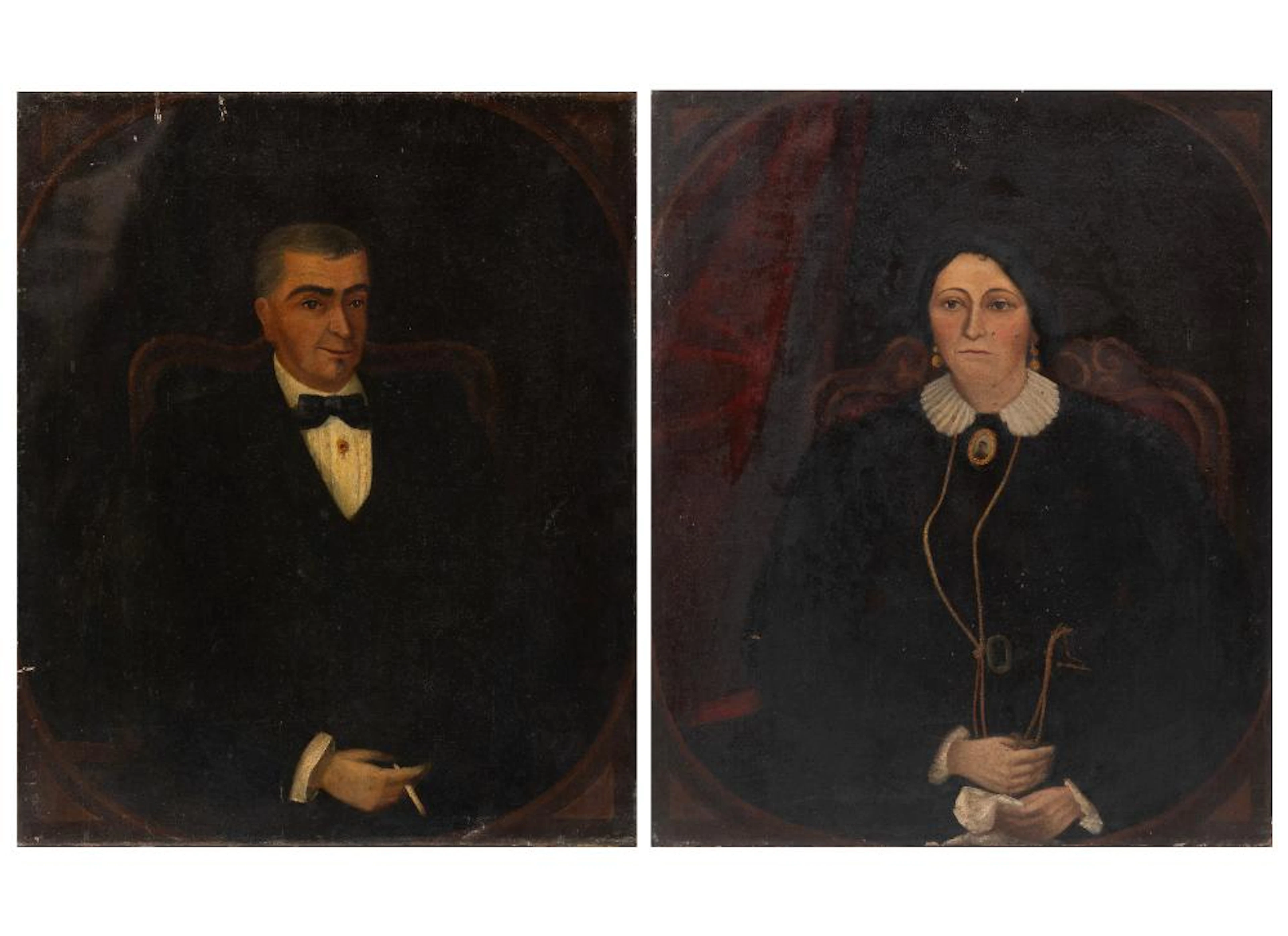 American School, 19th c., Husband and Wife, 2 oils on canvas