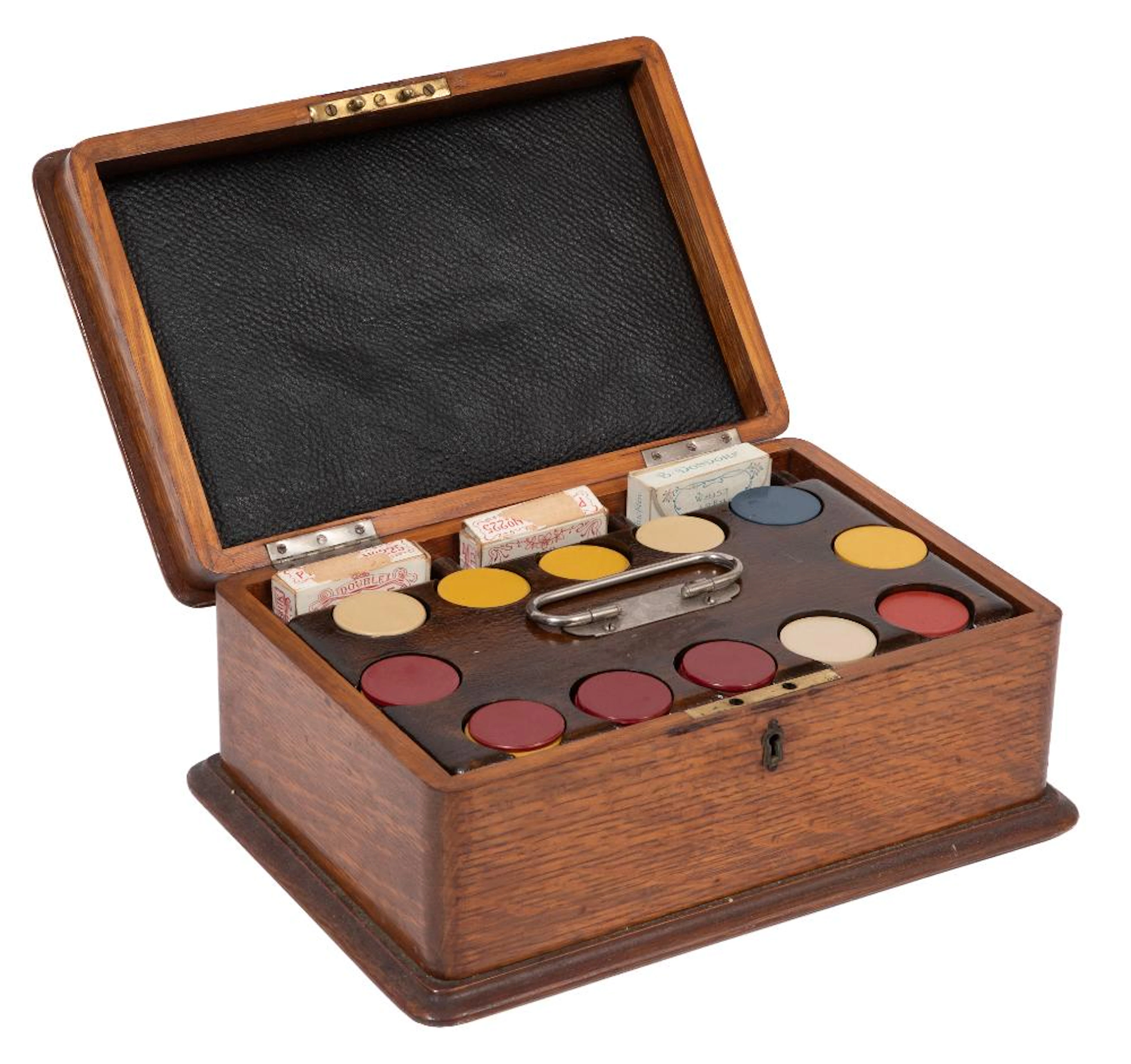 Antique Oak Poker Case with Chips and Cards