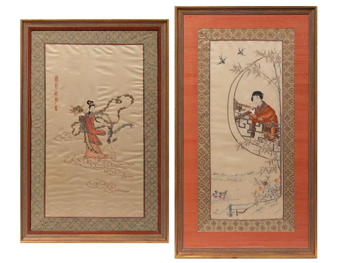 Two Chinese Embroidered Silk Panels