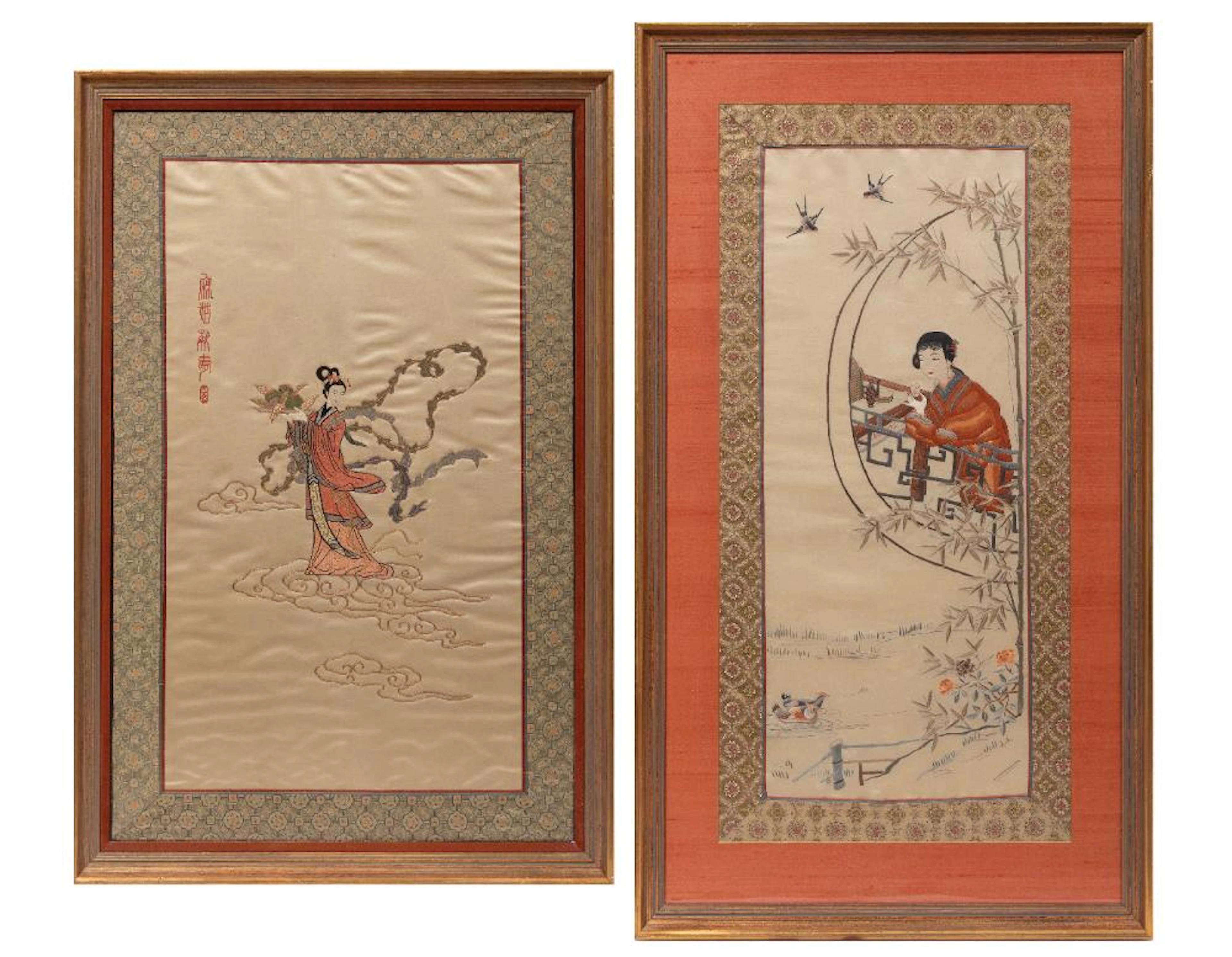 Two Chinese Embroidered Silk Panels