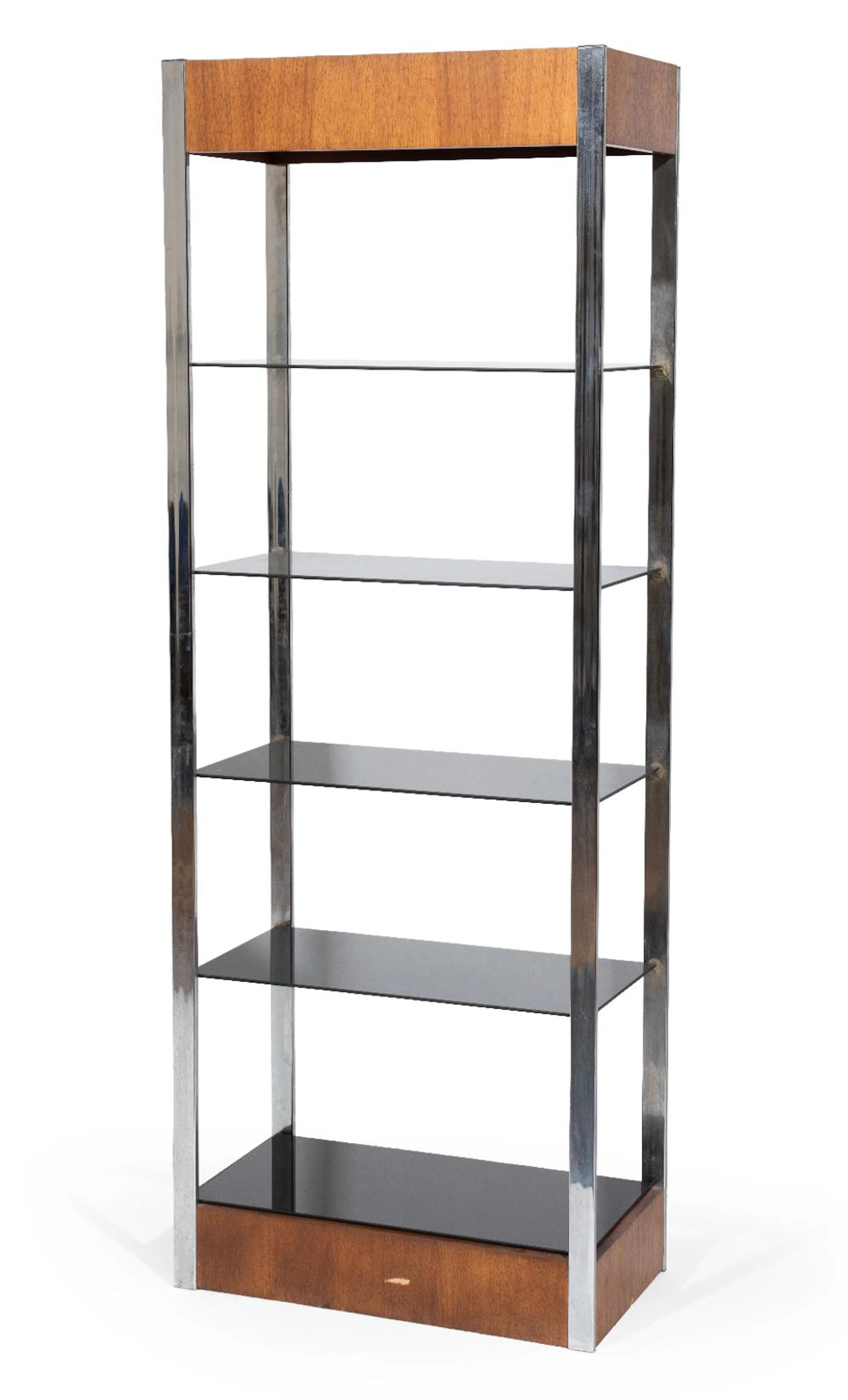 Contemporary Walnut, Chrome, & Smoked Glass Etagere