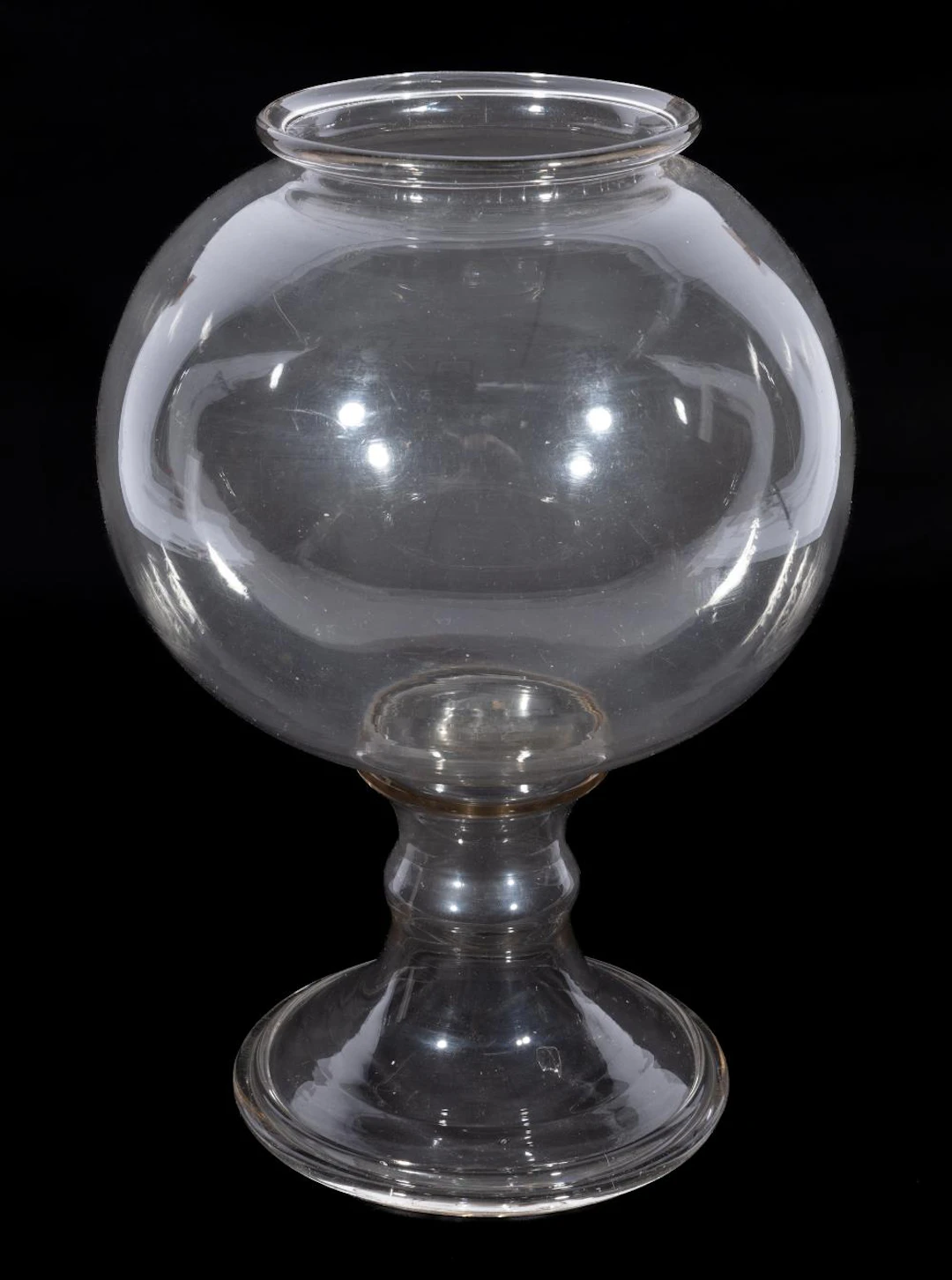 Antique 19th c. American Blown Clear Glass Pedestal Fish Bowl, Large
