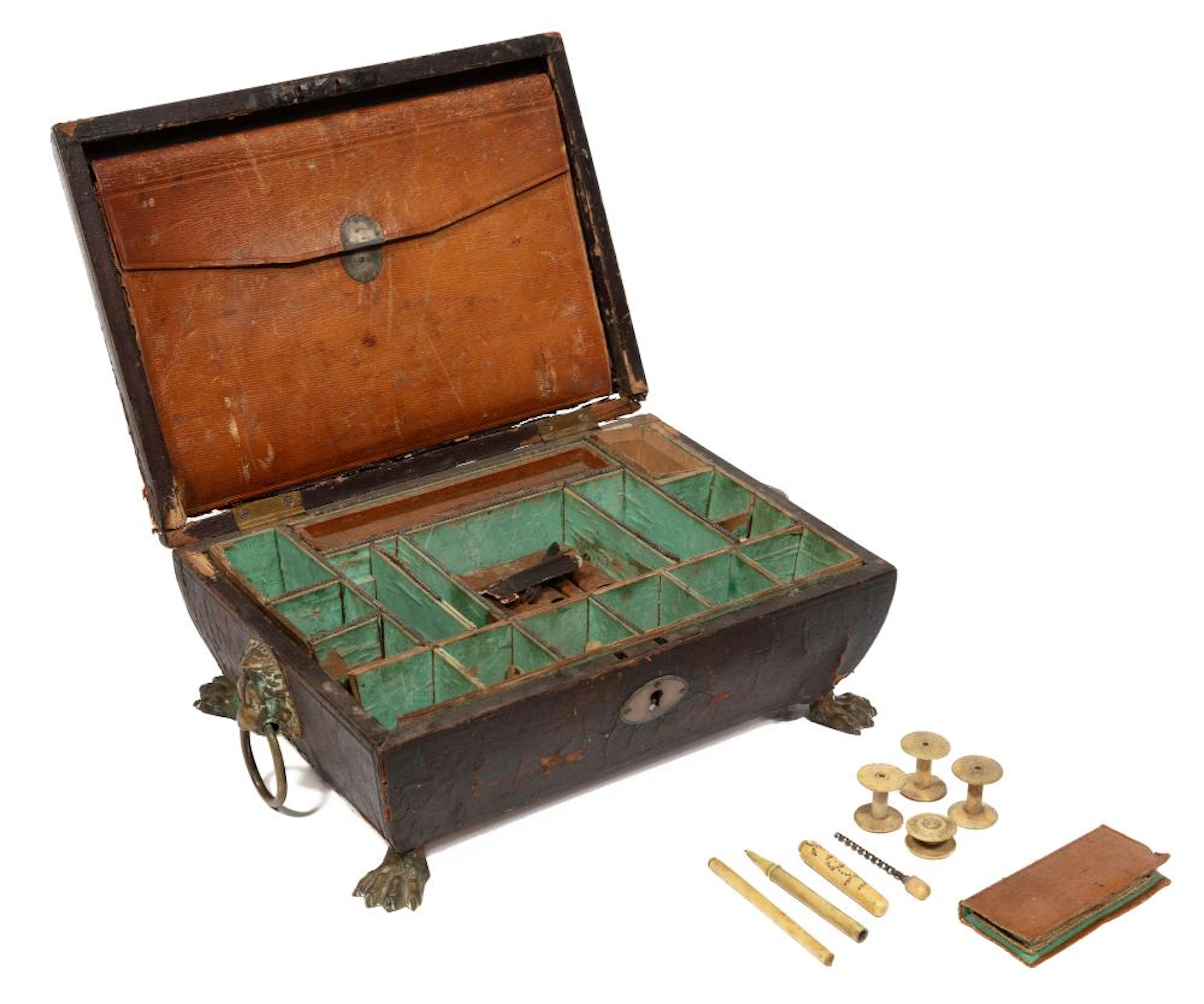 Regency Brown Moroccan Leather and Gilt Brass Sewing Box