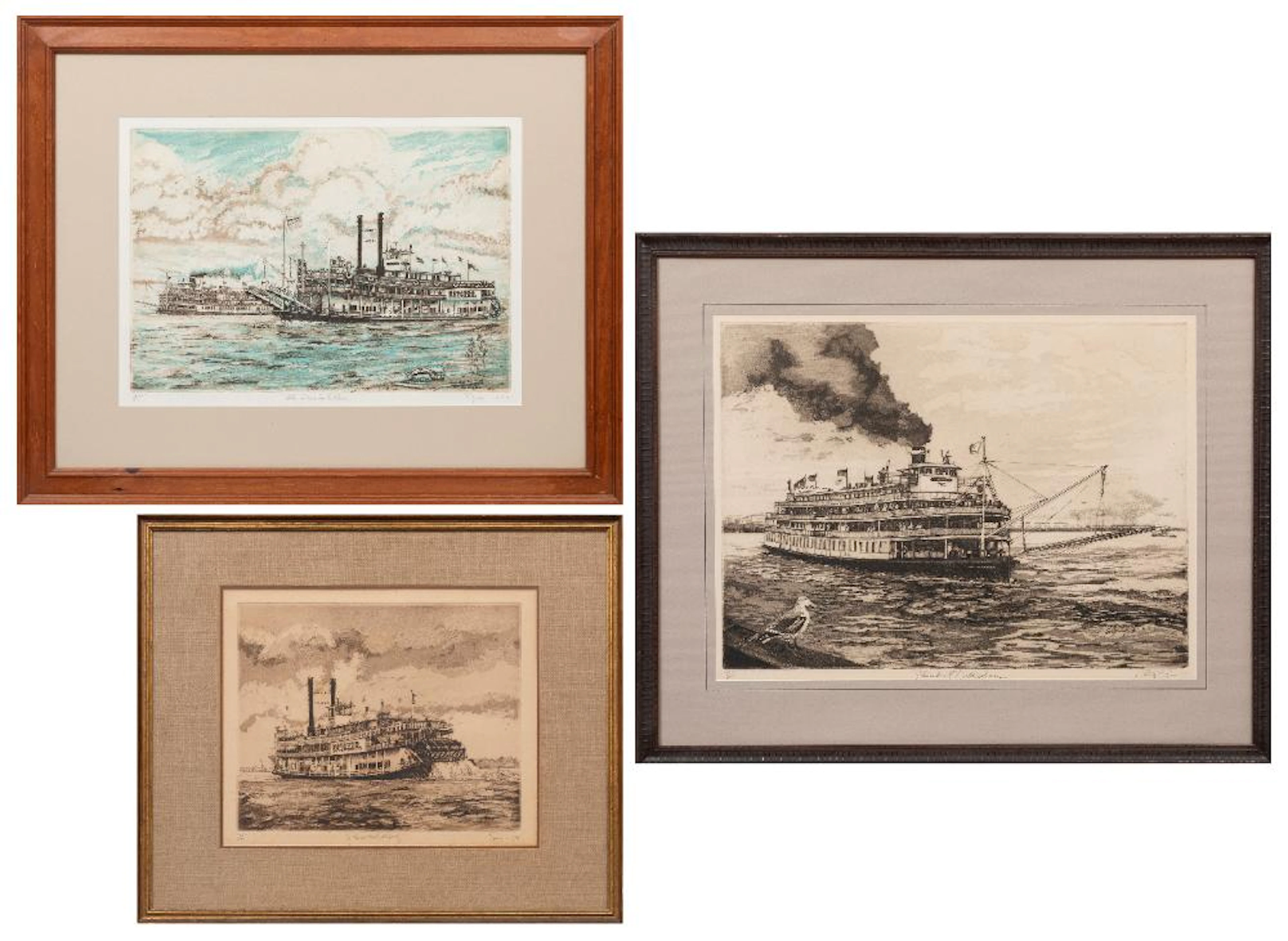 Group of Three Philip Sage Etchings, Steamboat Natchez, Steamboat