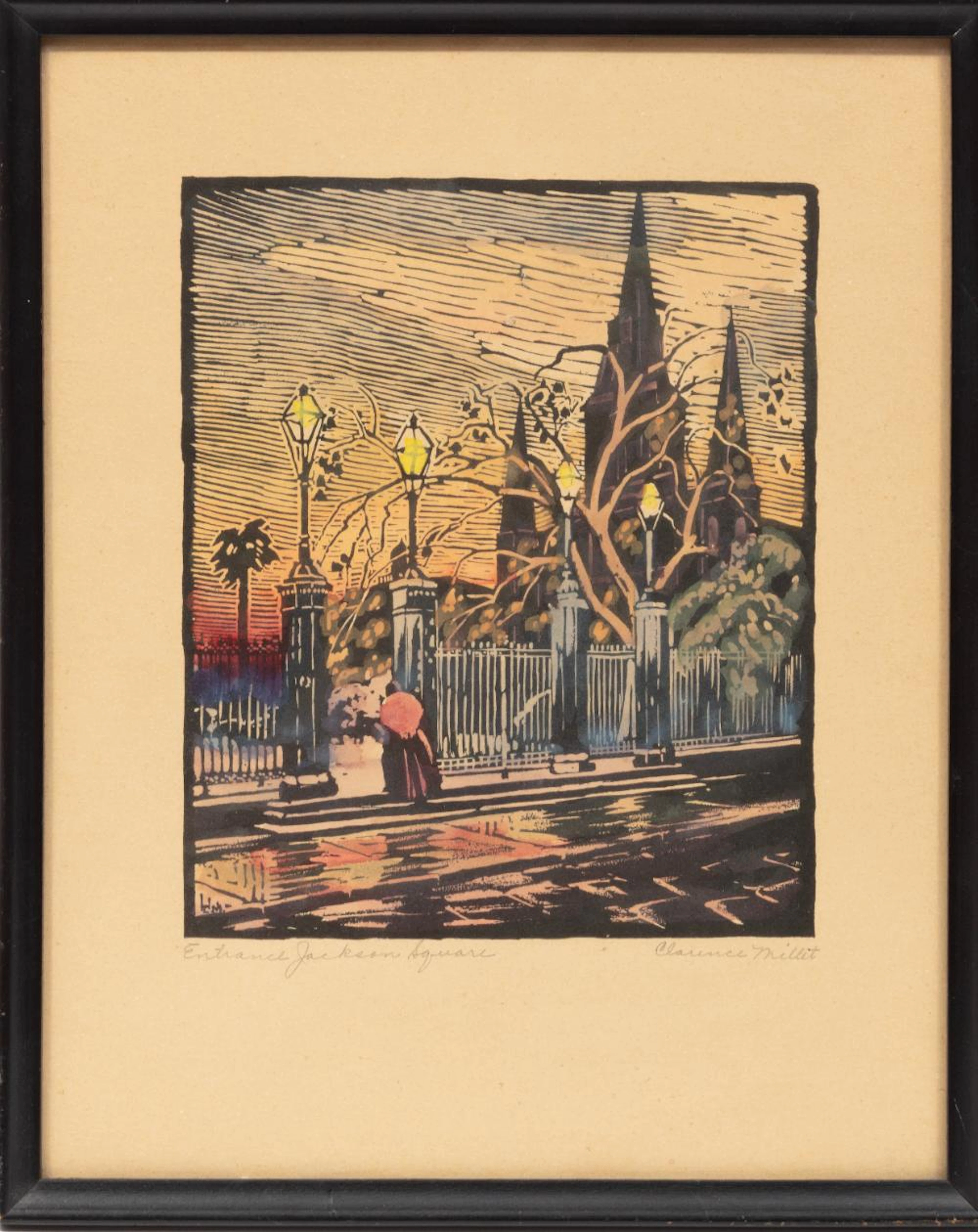 Clarence Millet, Entrance Jackson Square, hand-colored woodblock print