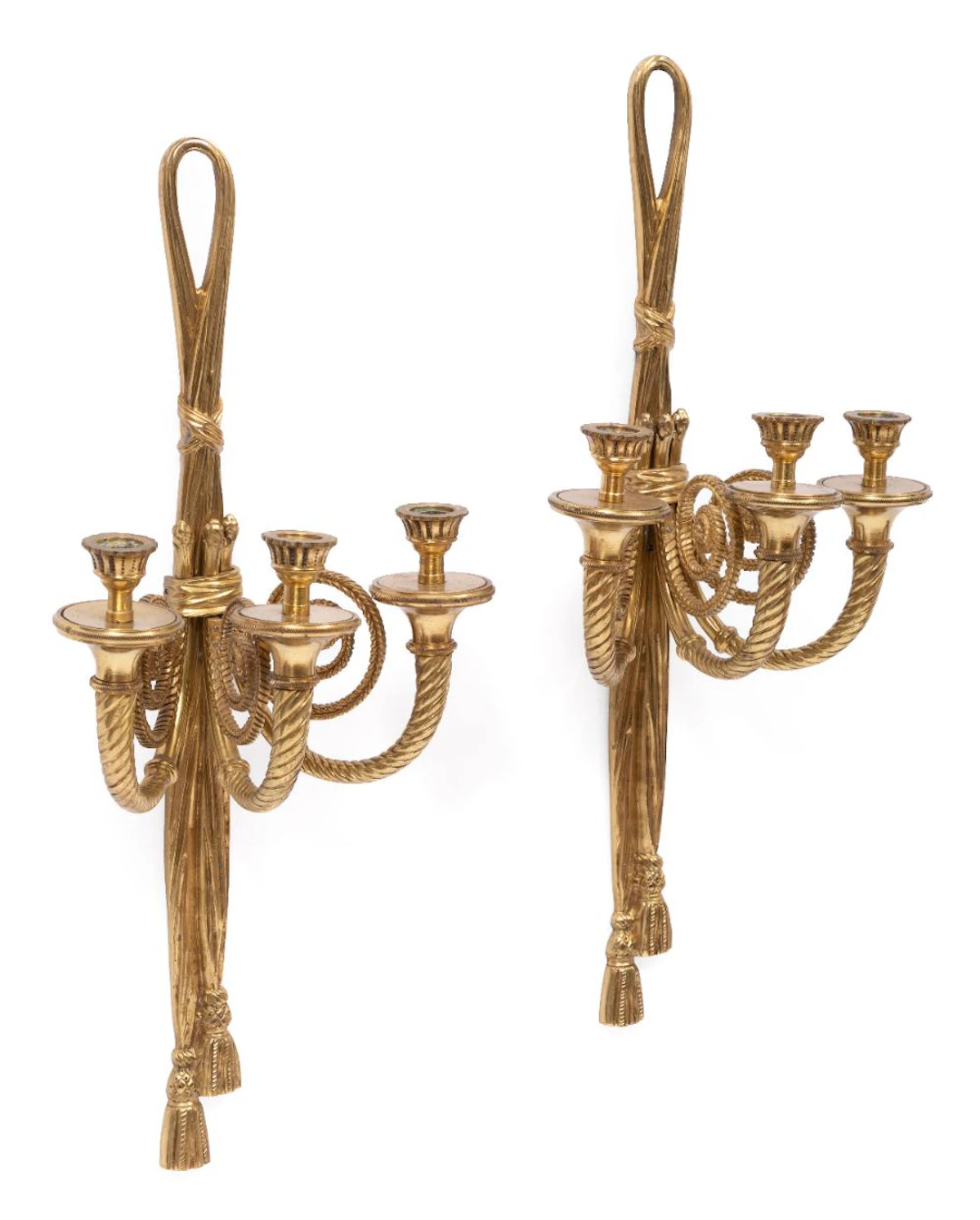 Pair of Louis XVI-Style Brass Three-Light Sconces