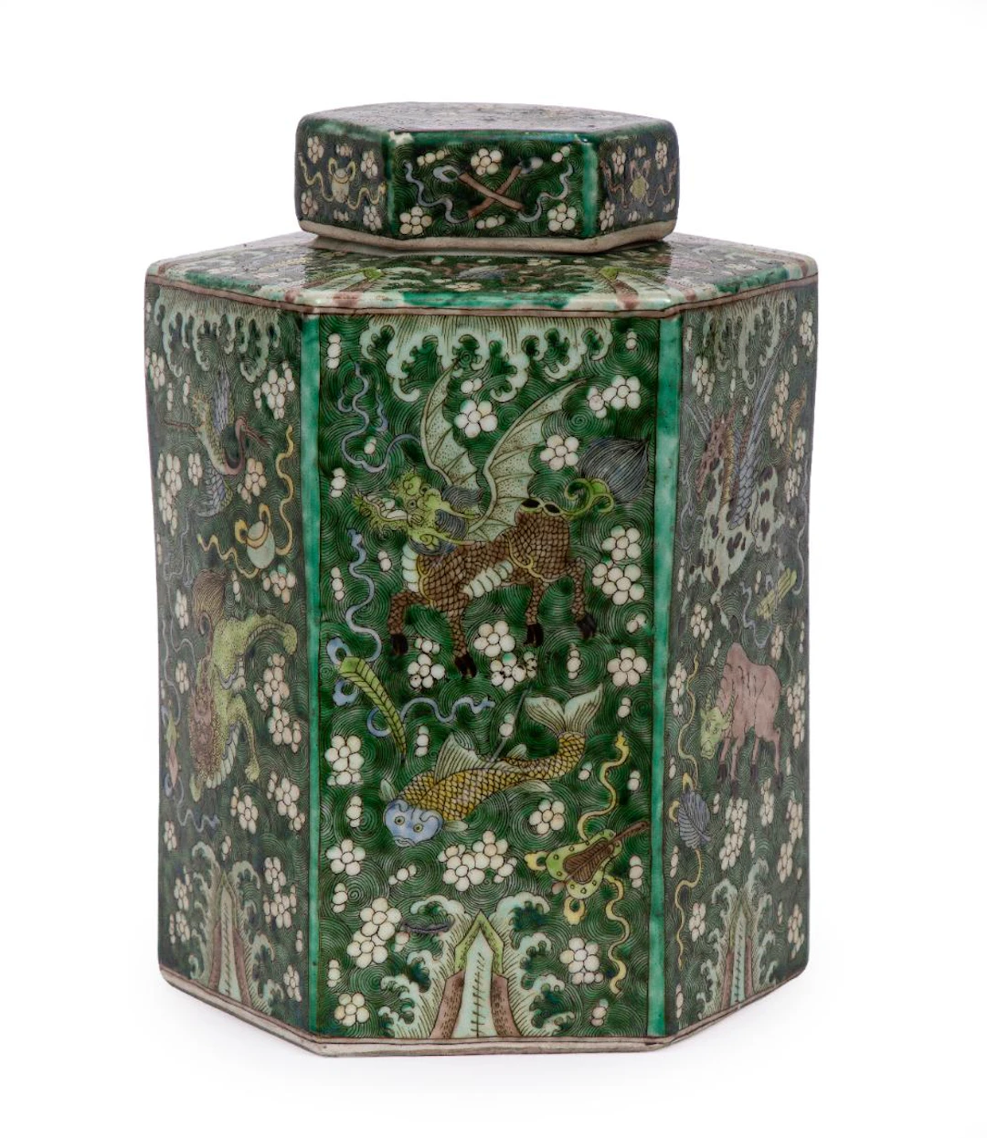 Chinese Famille Verte Enameled "Five Spirits" Hexagonal Tea Canister