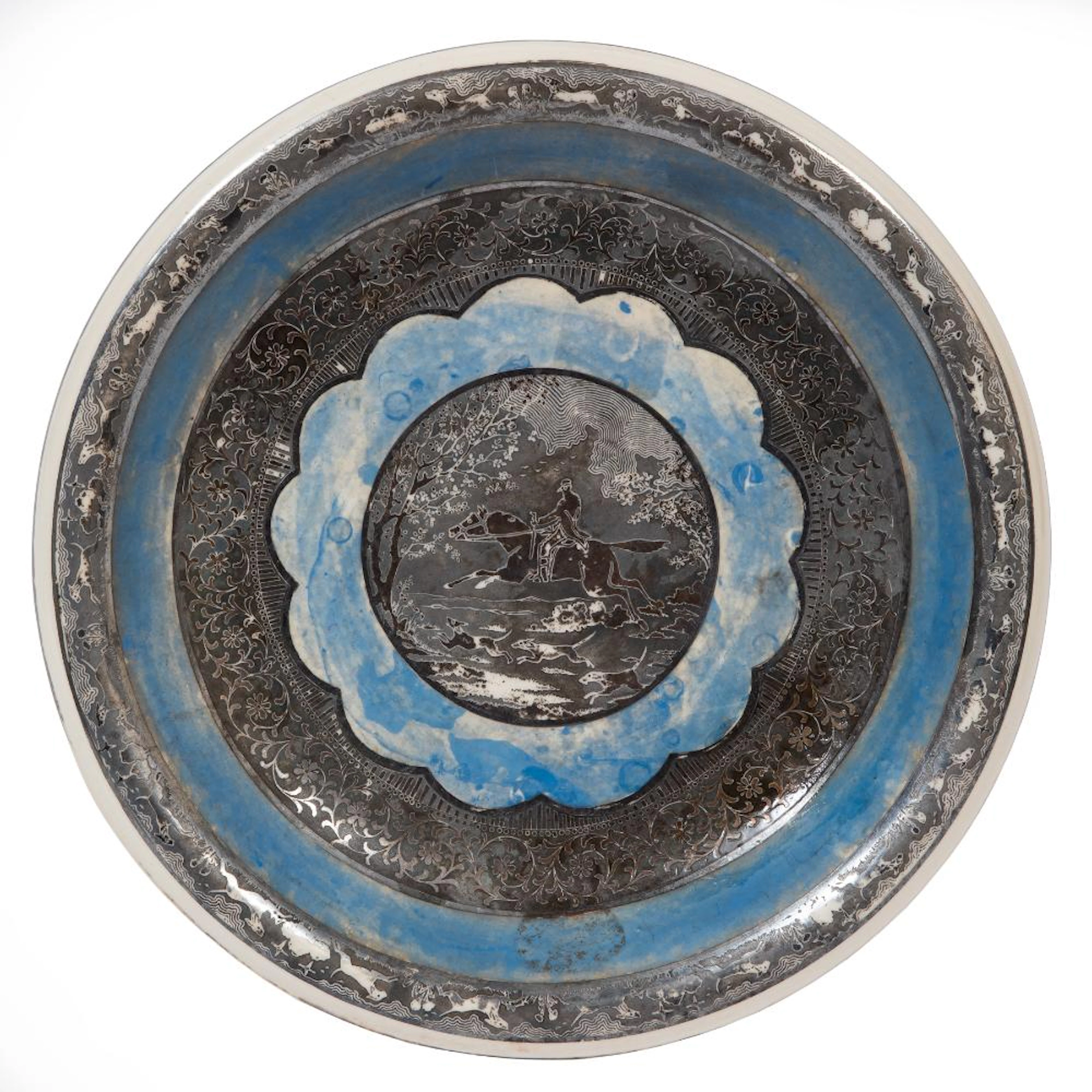 German Porcelain Silvered and Blue Enamel-Decorated Centerpiece