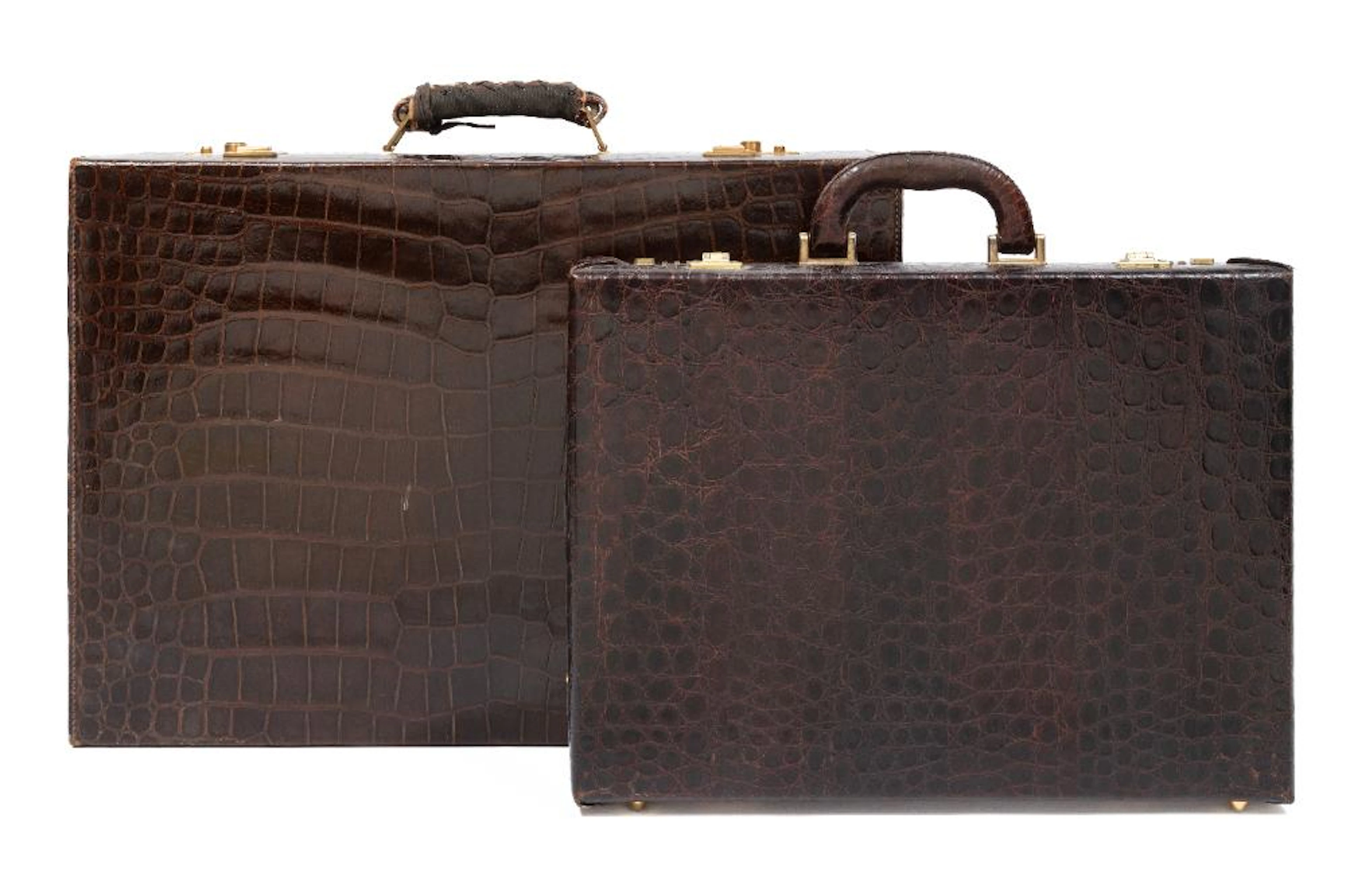 Two Vintage Brown Crocodile Leather Travel Cases