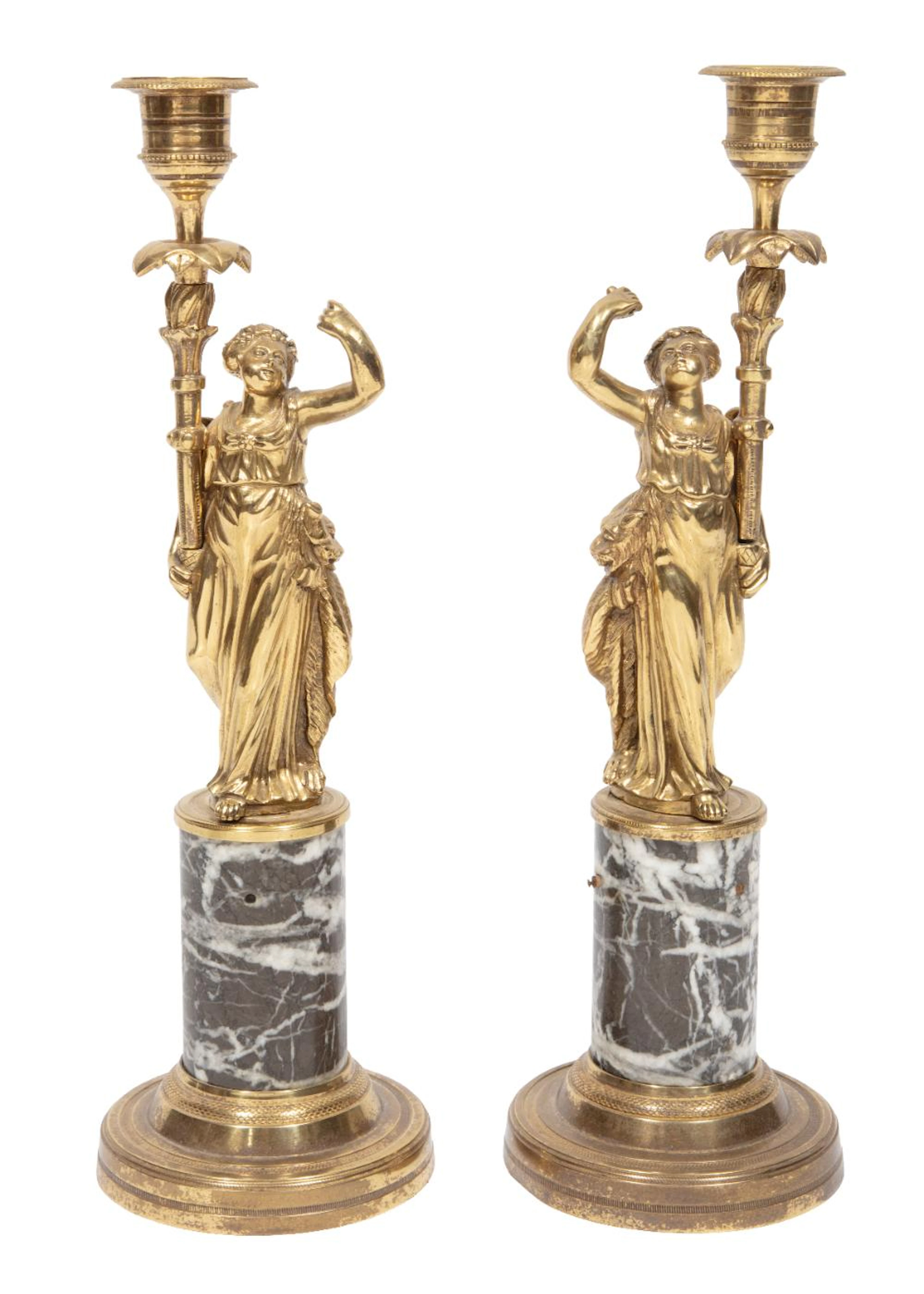Pair of French Brass and Marble Candlesticks