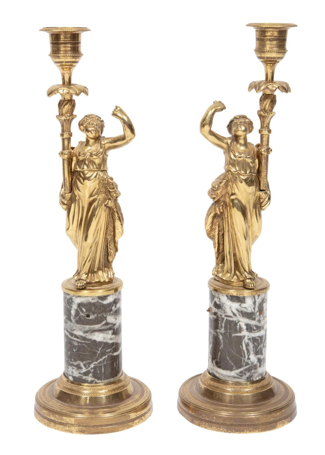 Pair of French Brass and Marble Candlesticks