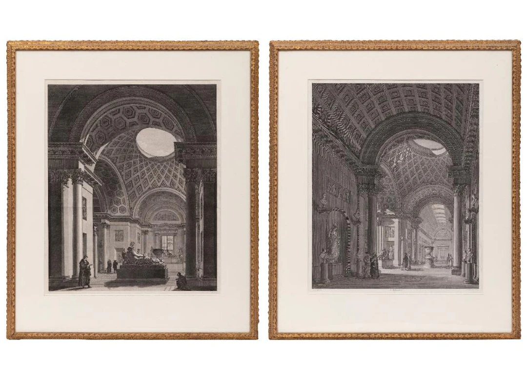 Two Angelo Toselli Etchings on Paper, Veduta Centrale del Museo Pio