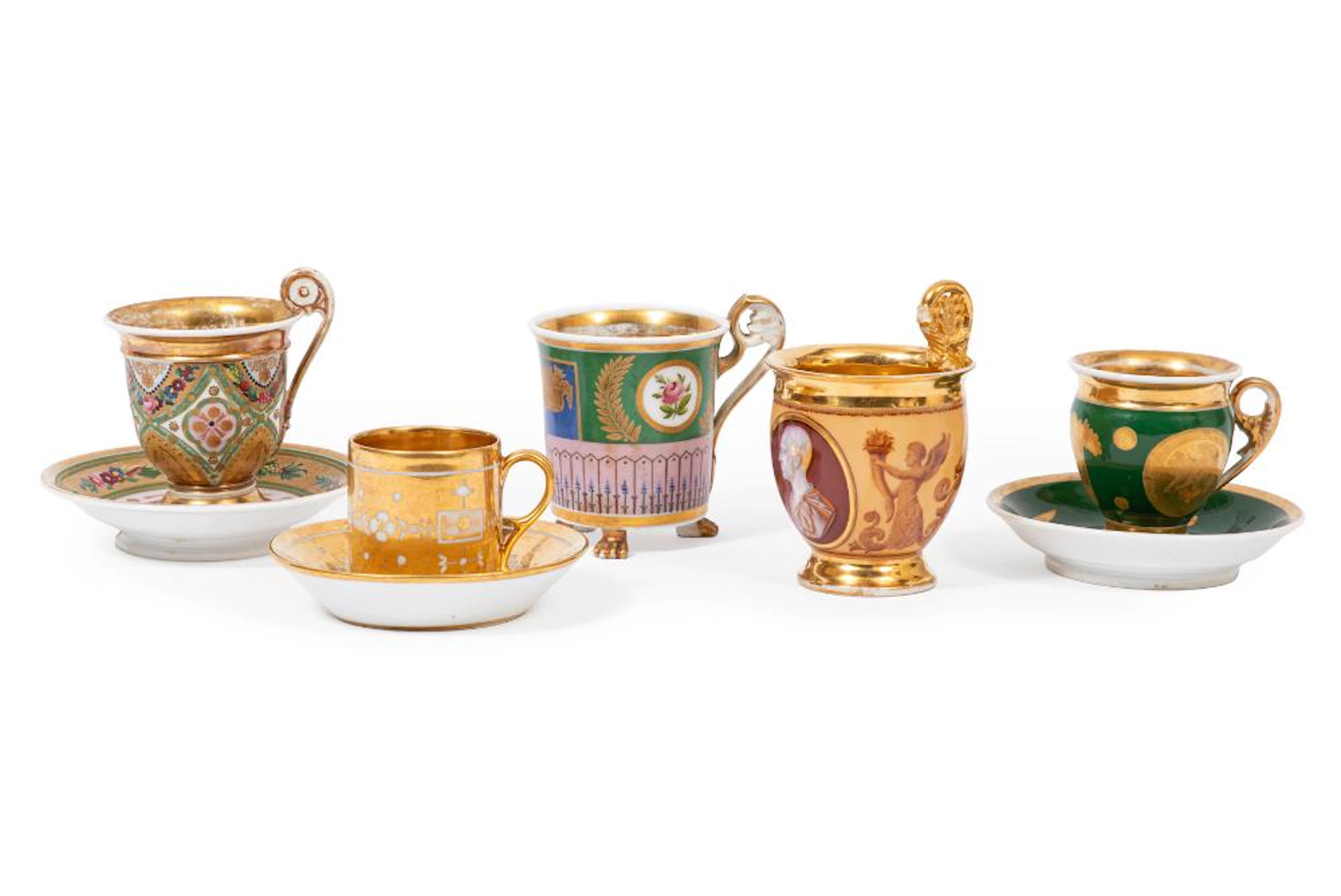 Five Paris Porcelain Gilt-Decorated Cups and Three Saucers