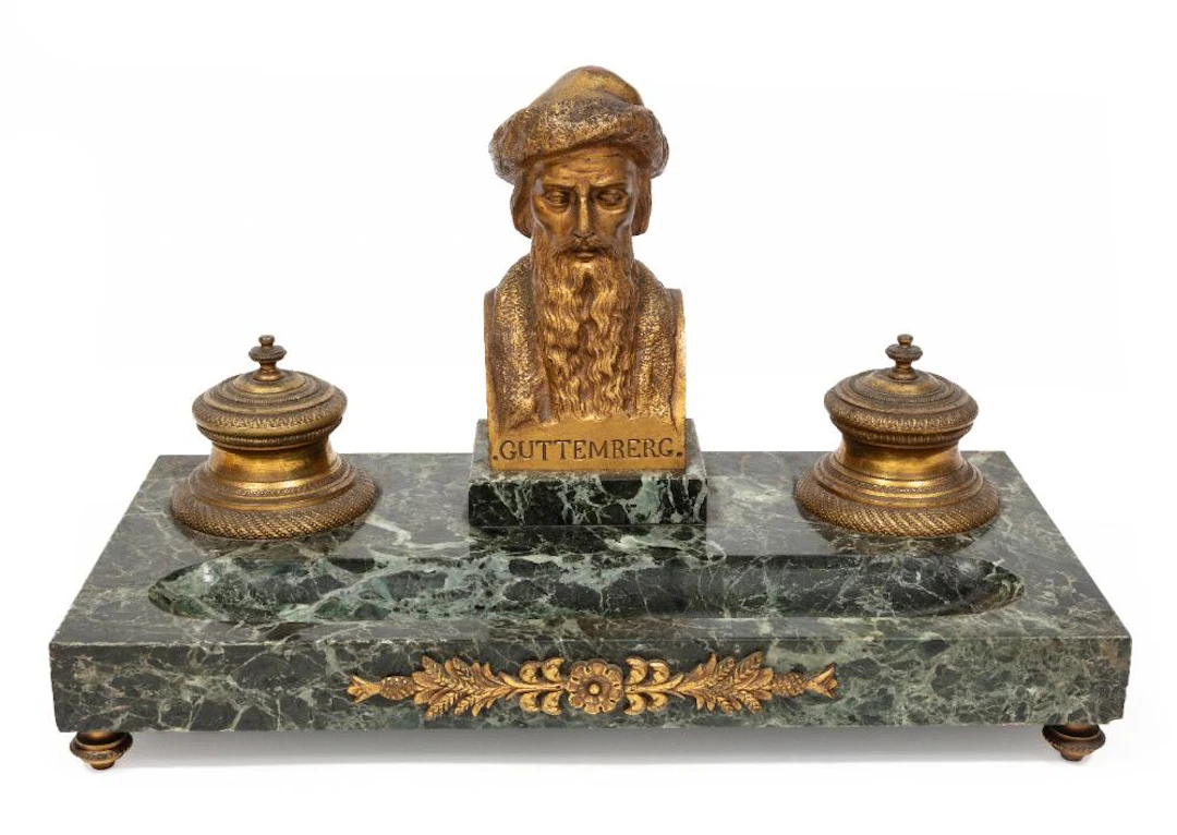 Antique Continental Bronze and Marble Figural Inkwell