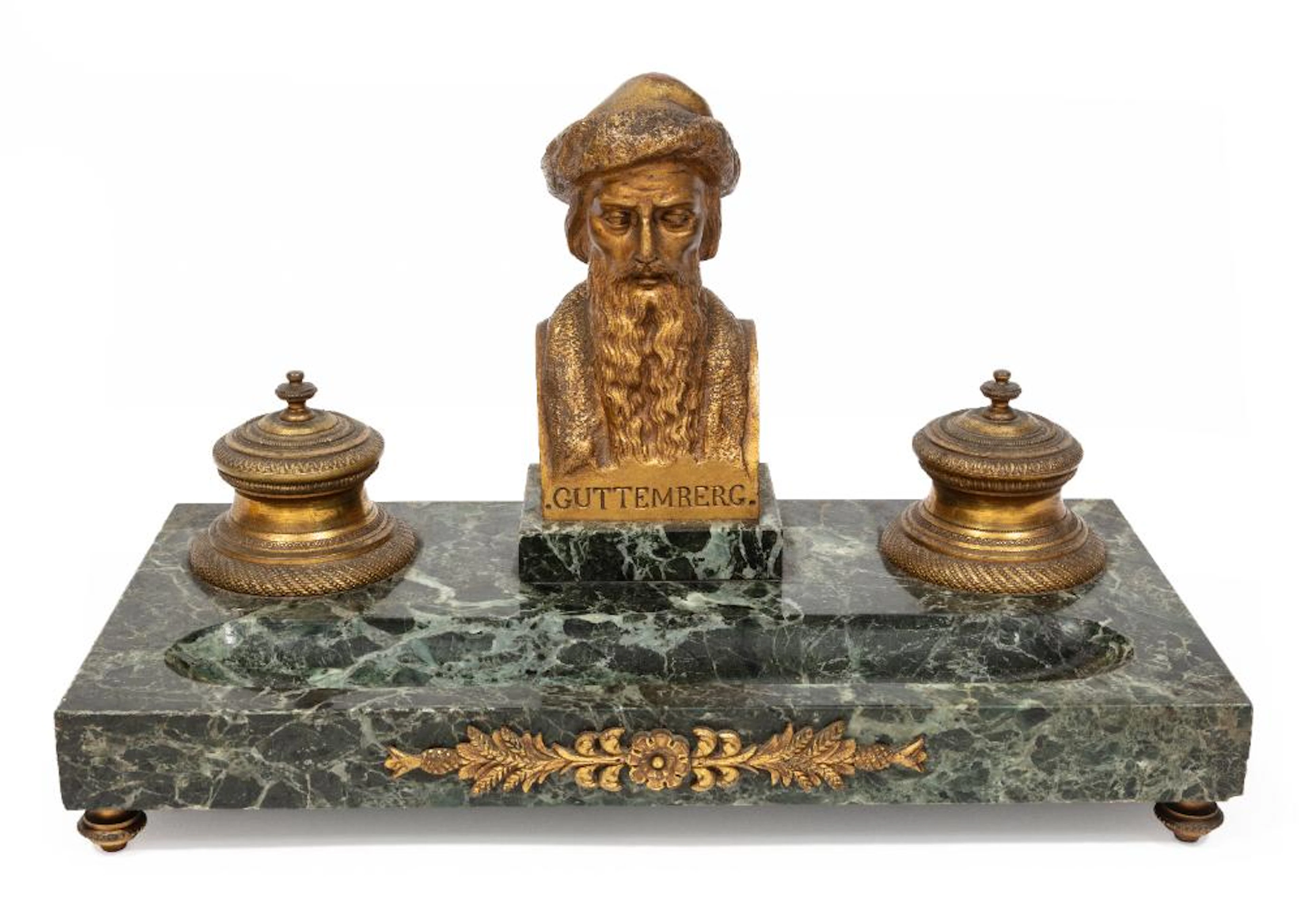 Antique Continental Bronze and Marble Figural Inkwell