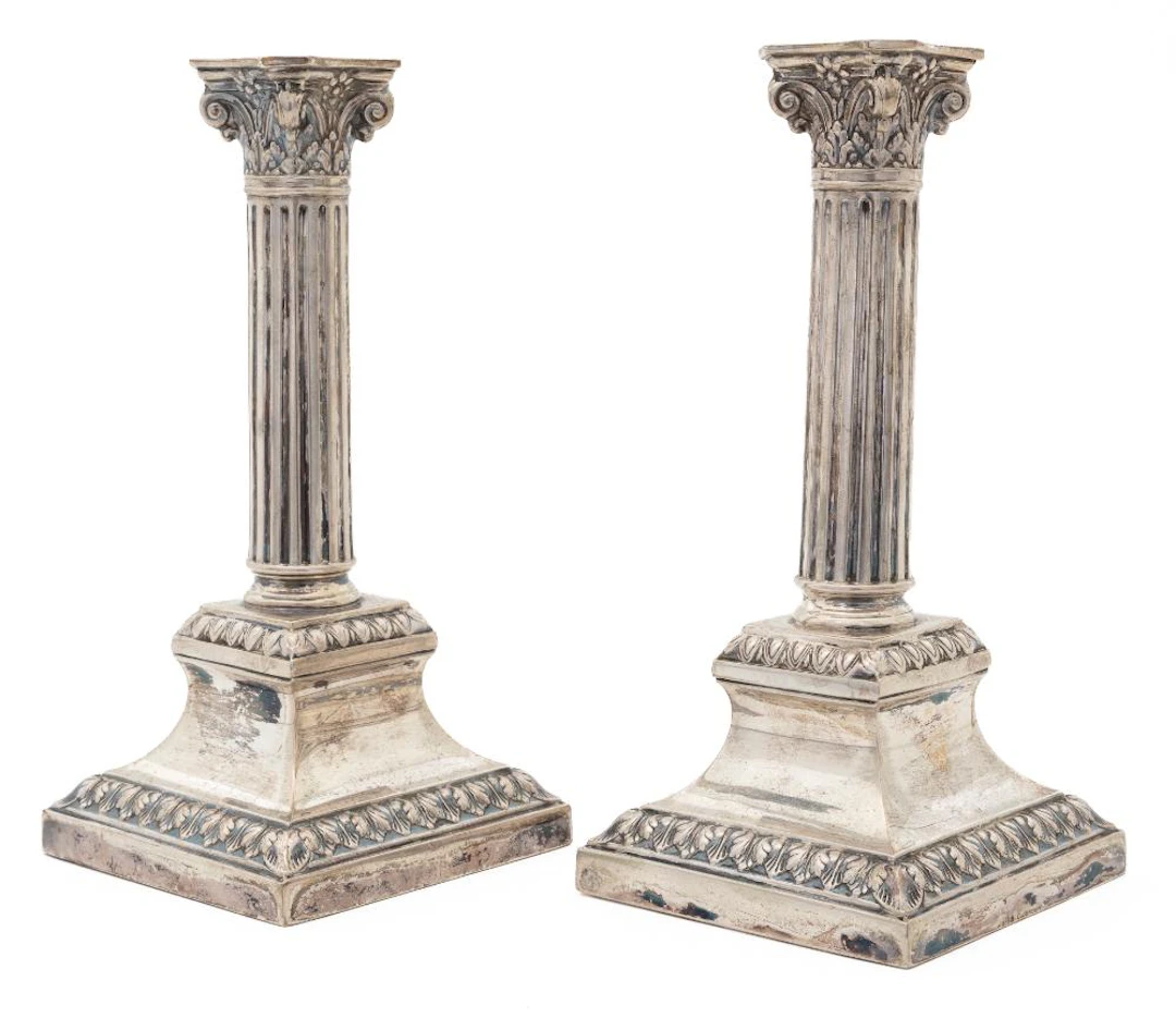 Pair of Continental .835 Silver Corinthian Columnar Candlesticks