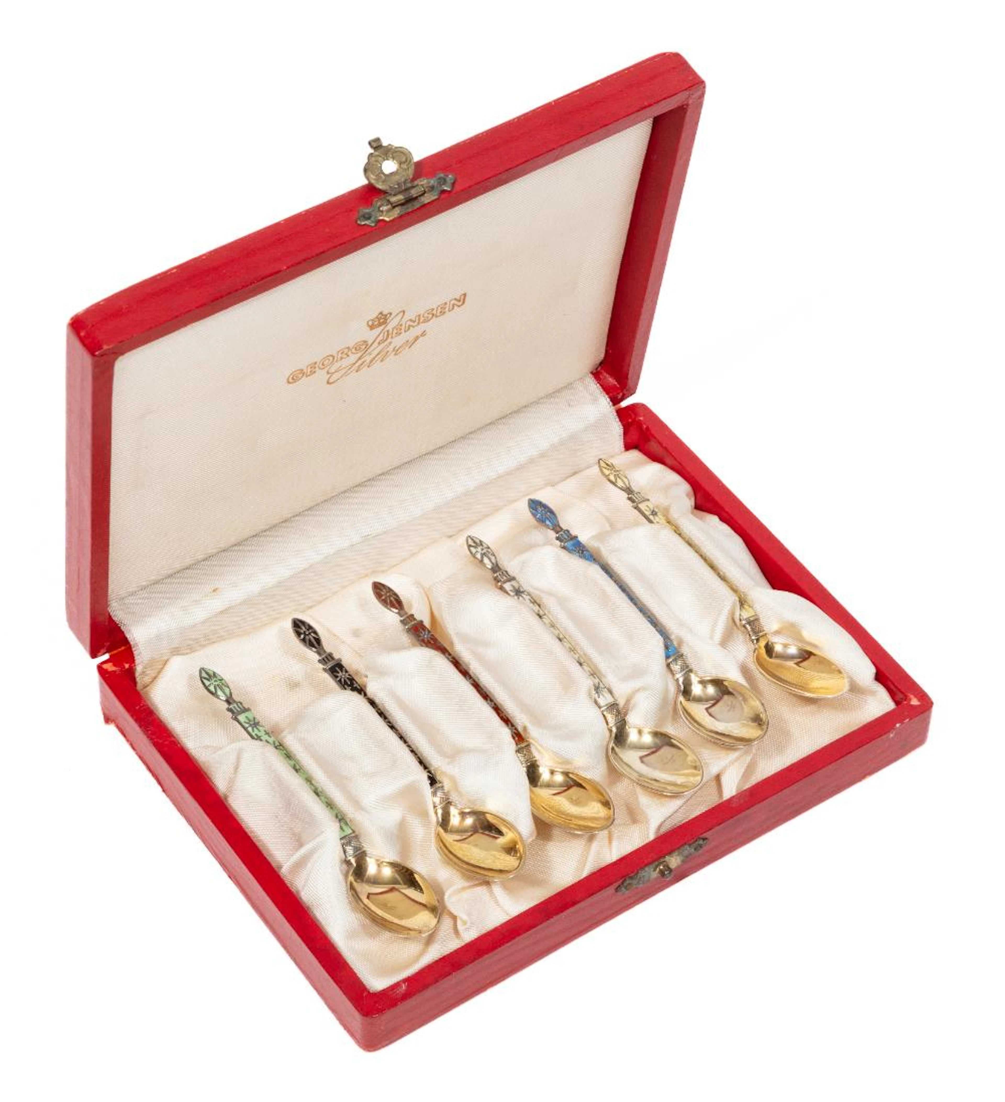 Cased Set of Six Sterling Silver Gilt and Colored Enamel Demitasse Spoons