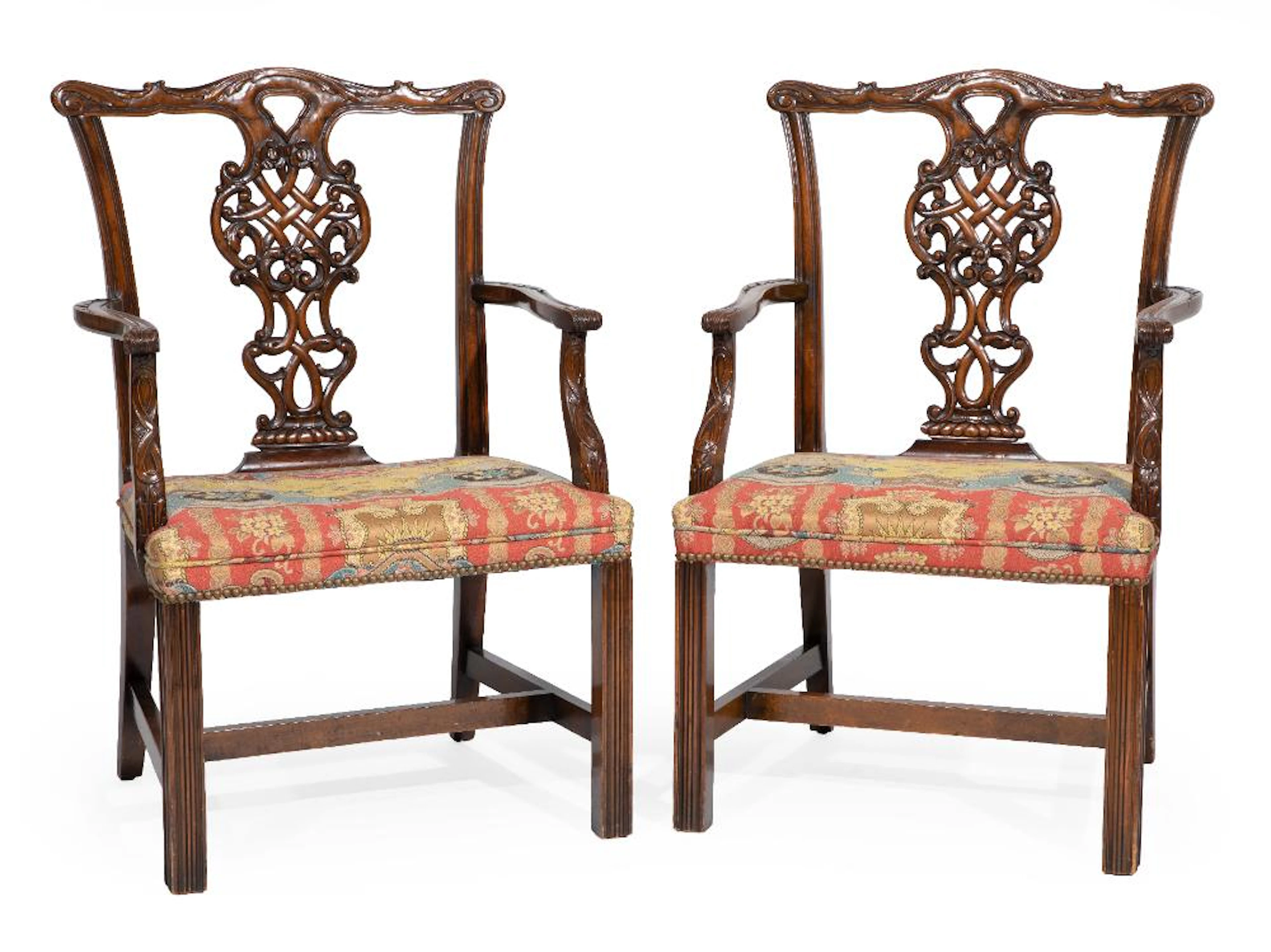 Pair of Chippendale-Style Carved Mahogany Armchairs