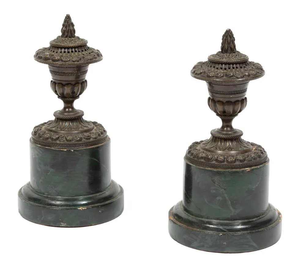 Pair of Victorian Patinated Brass and Faux Marble Paint-Decorated Wood Censers