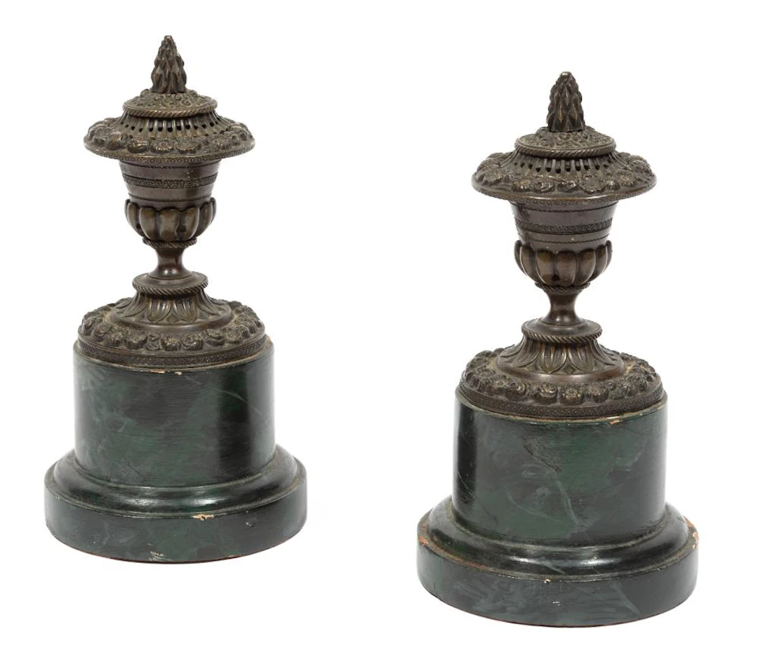 Pair of Victorian Patinated Brass and Faux Marble Paint-Decorated Wood Censers