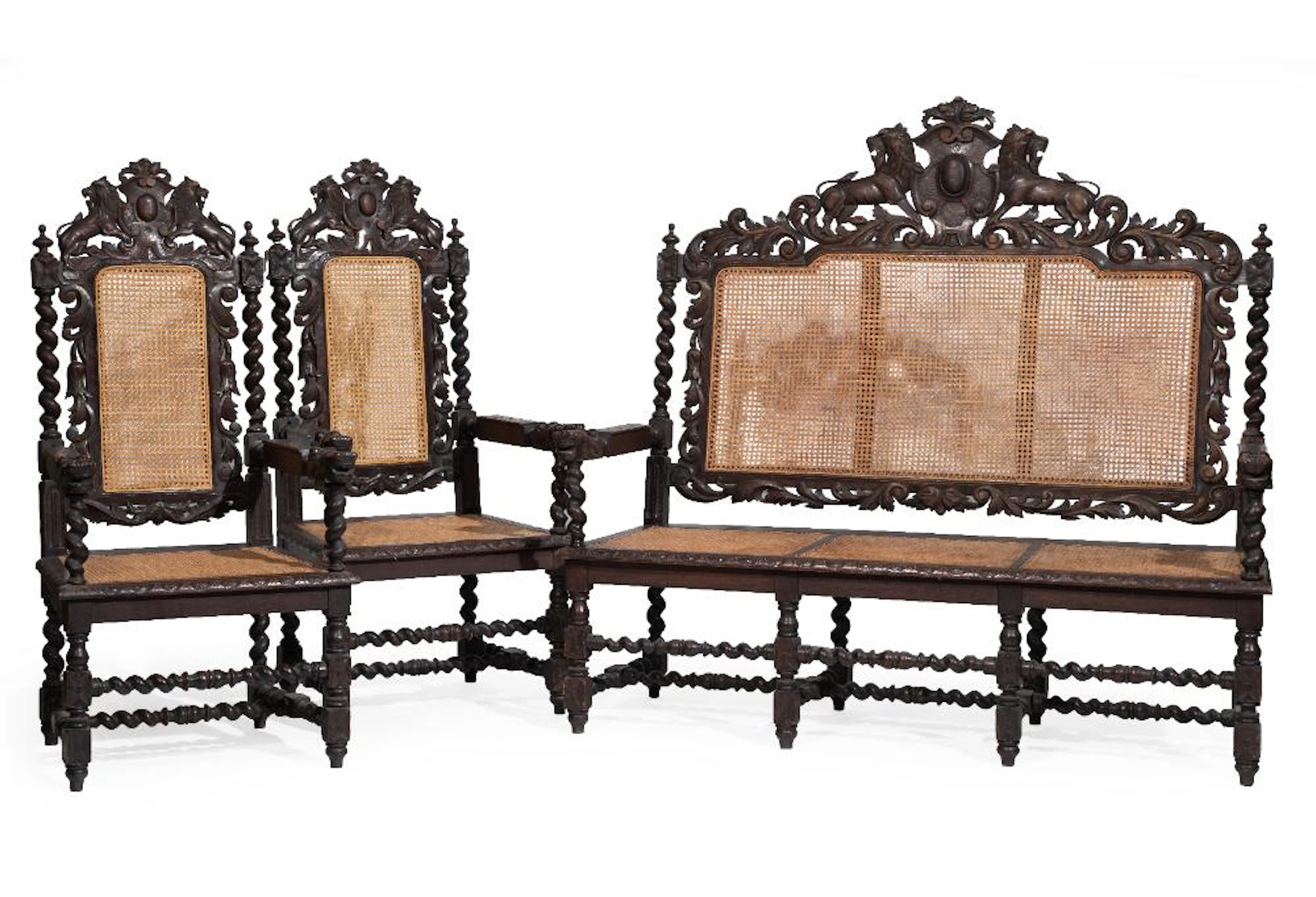Three Piece French Renaissance Carved Oak and Caned Salon Suite