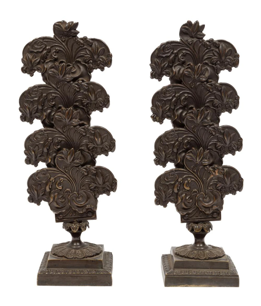 Pair of English Rococo Patinated and Pressed Brass Letter Stands