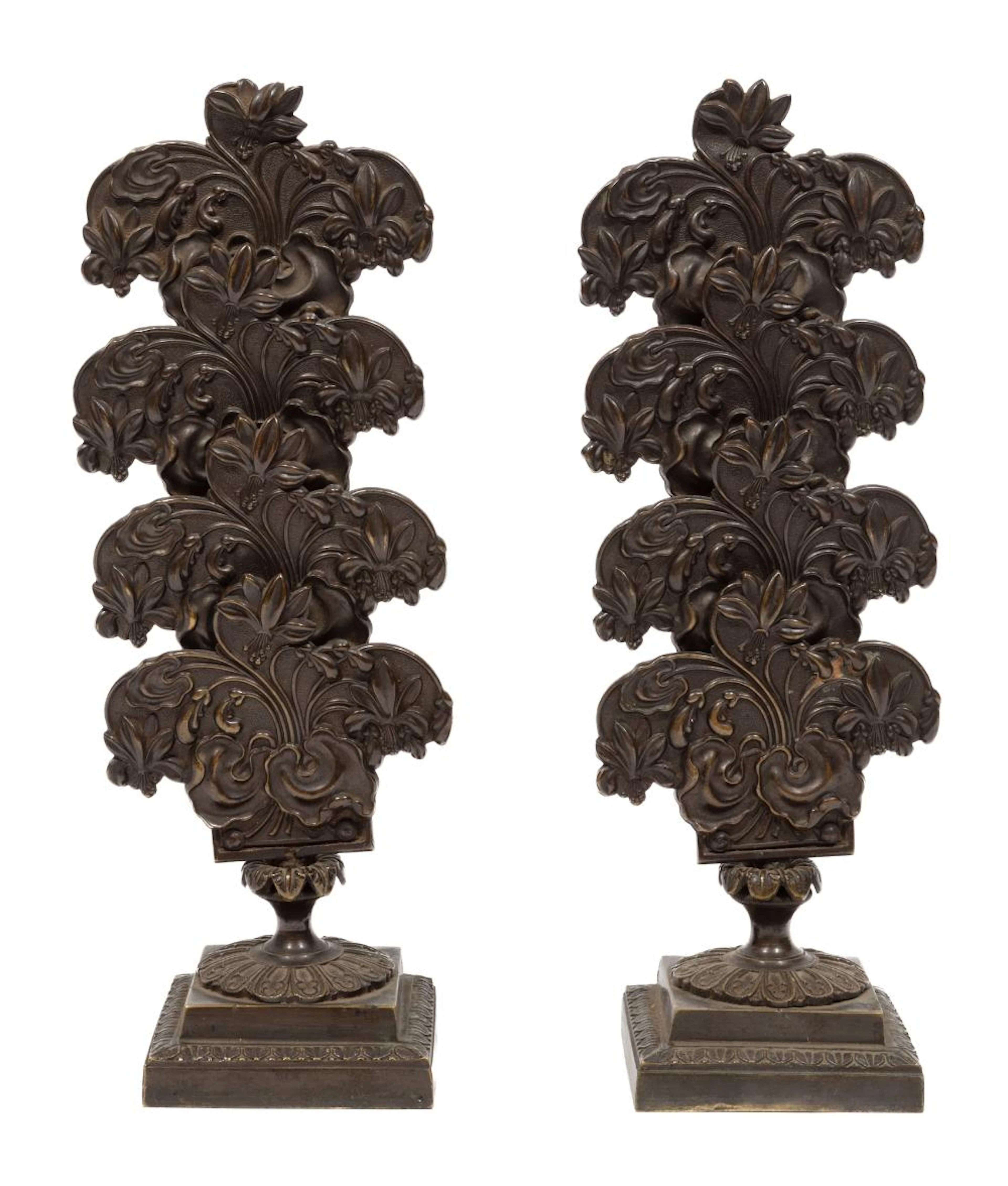 Pair of English Rococo Patinated and Pressed Brass Letter Stands
