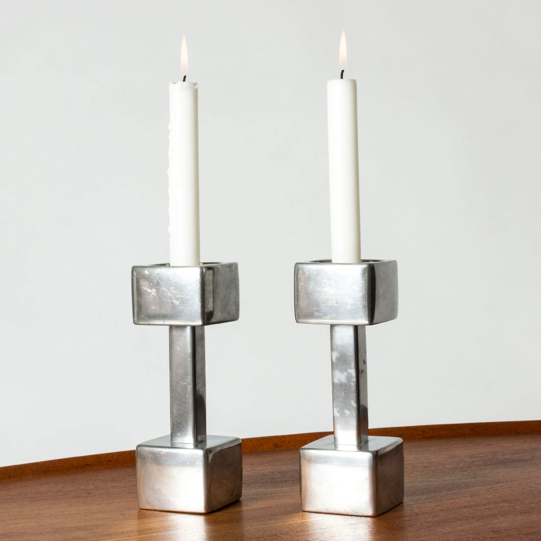 Pair of Modernist pewter candlesticks by Astrid Fog