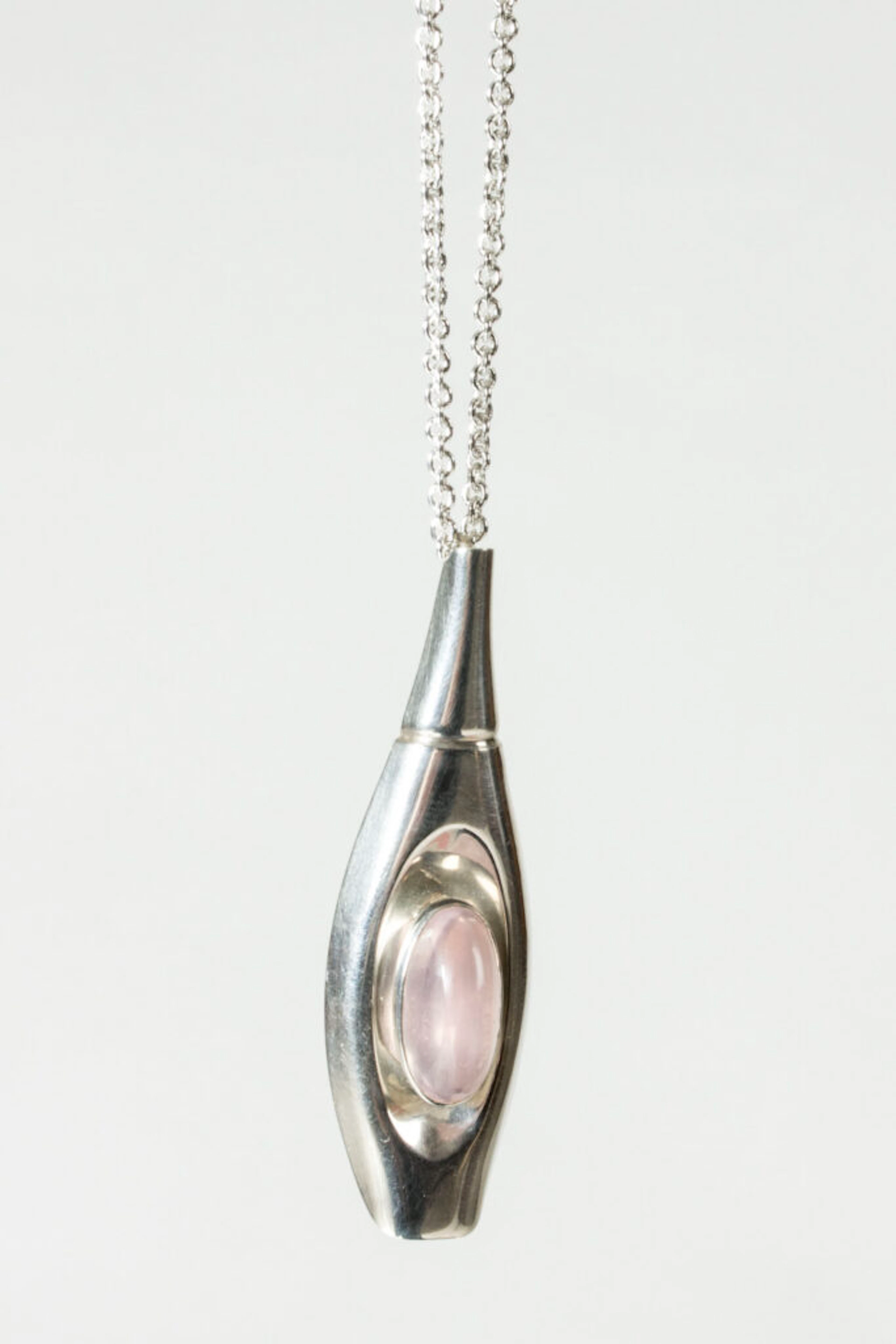 Midcentury silver and rose quartz pendant by Elis Kauppi