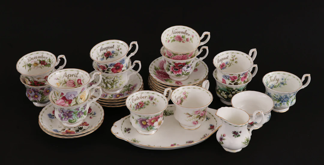 Kaffeservisdelar, "Flowers of the month", Royal Albert, England