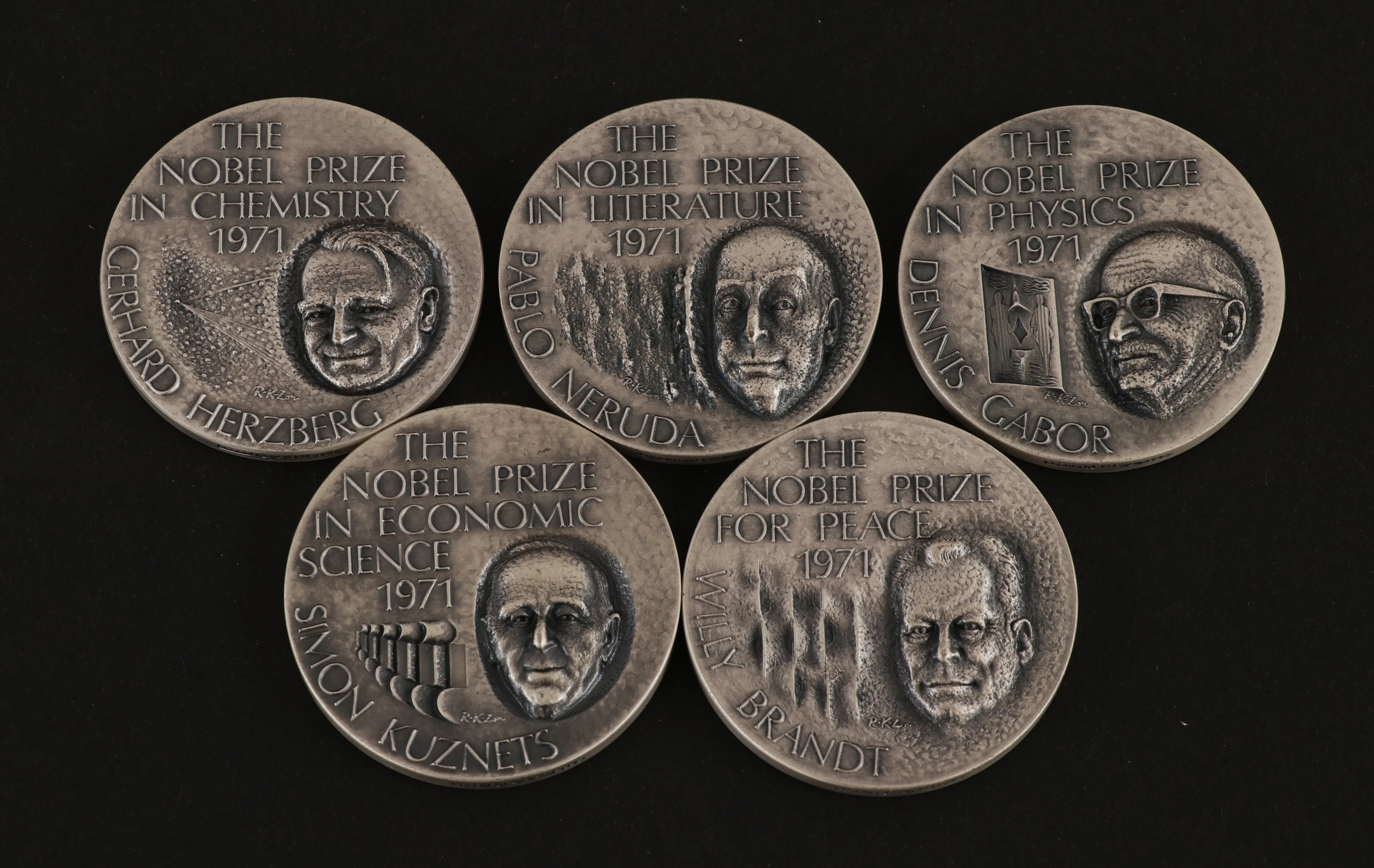 Medaljer 5st, finsilver, "The Nobel Prize"