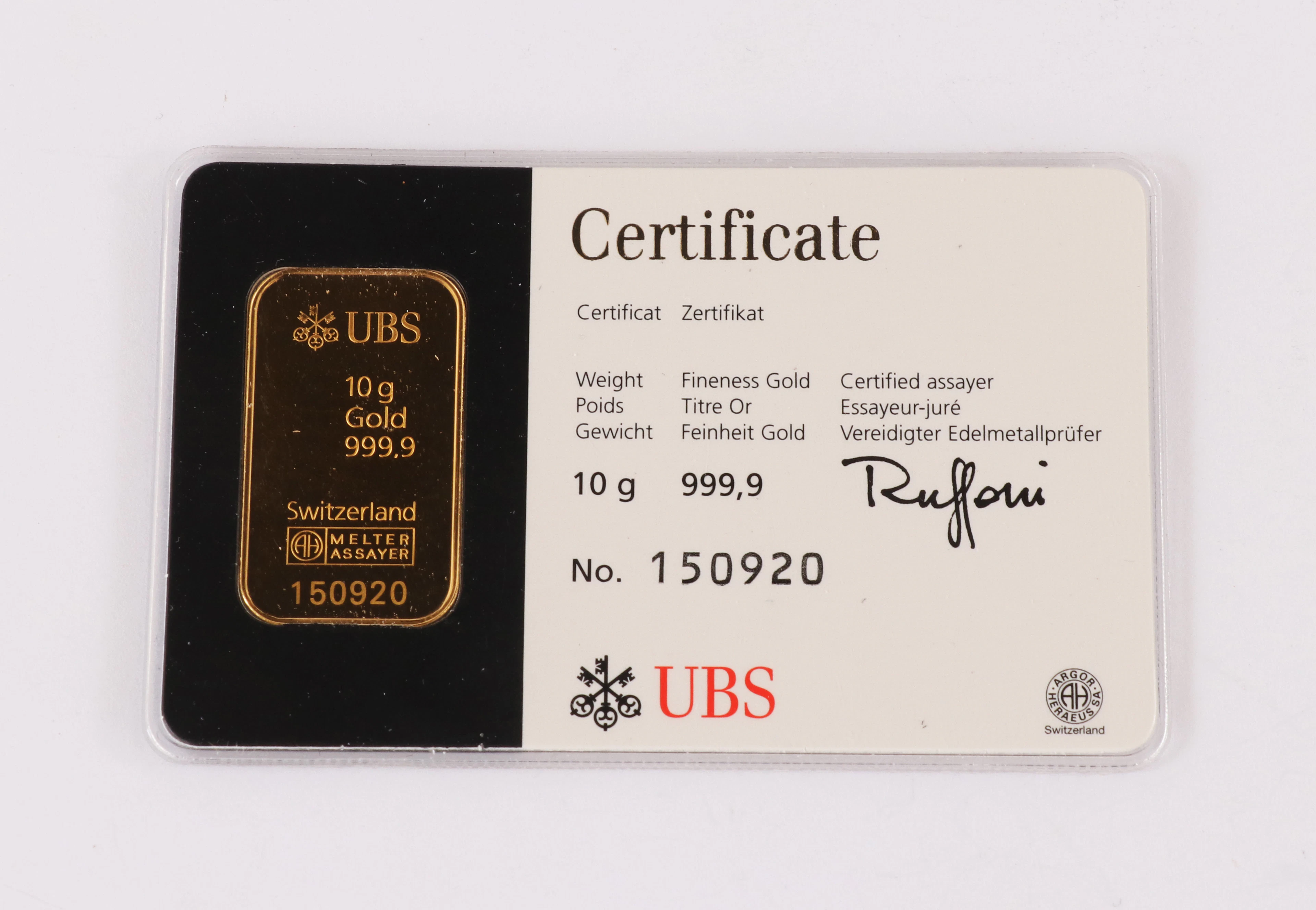 Guldtacka, 10g., UBS