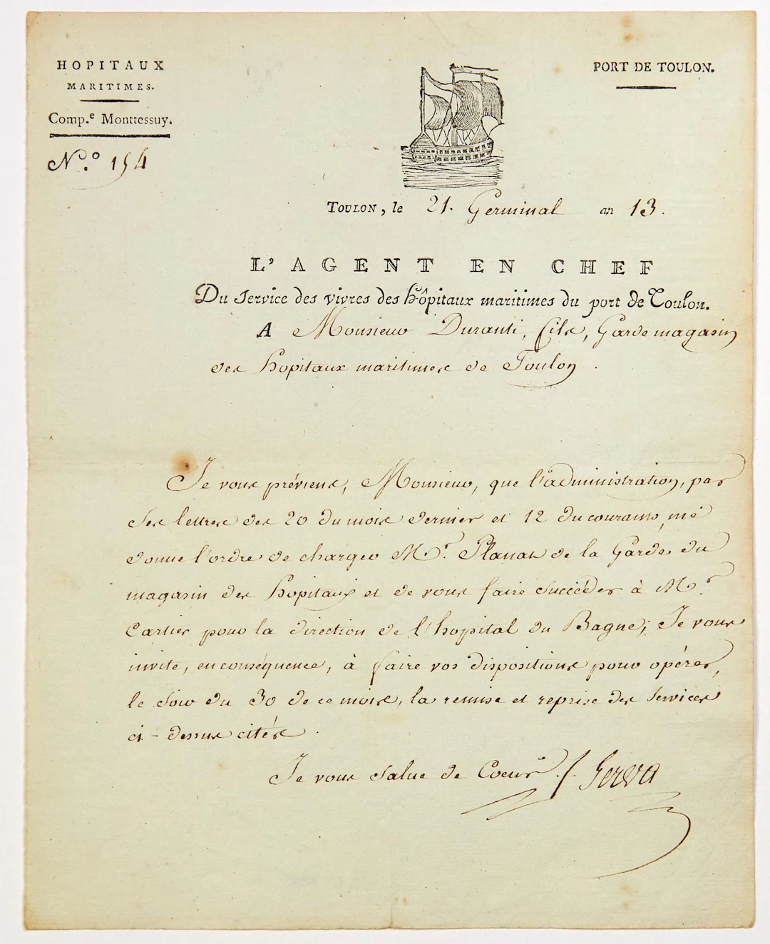 VAR. LES HÔPITAUX MARITIMES du PORT DE TOULON (83). Letter s - Lot 354