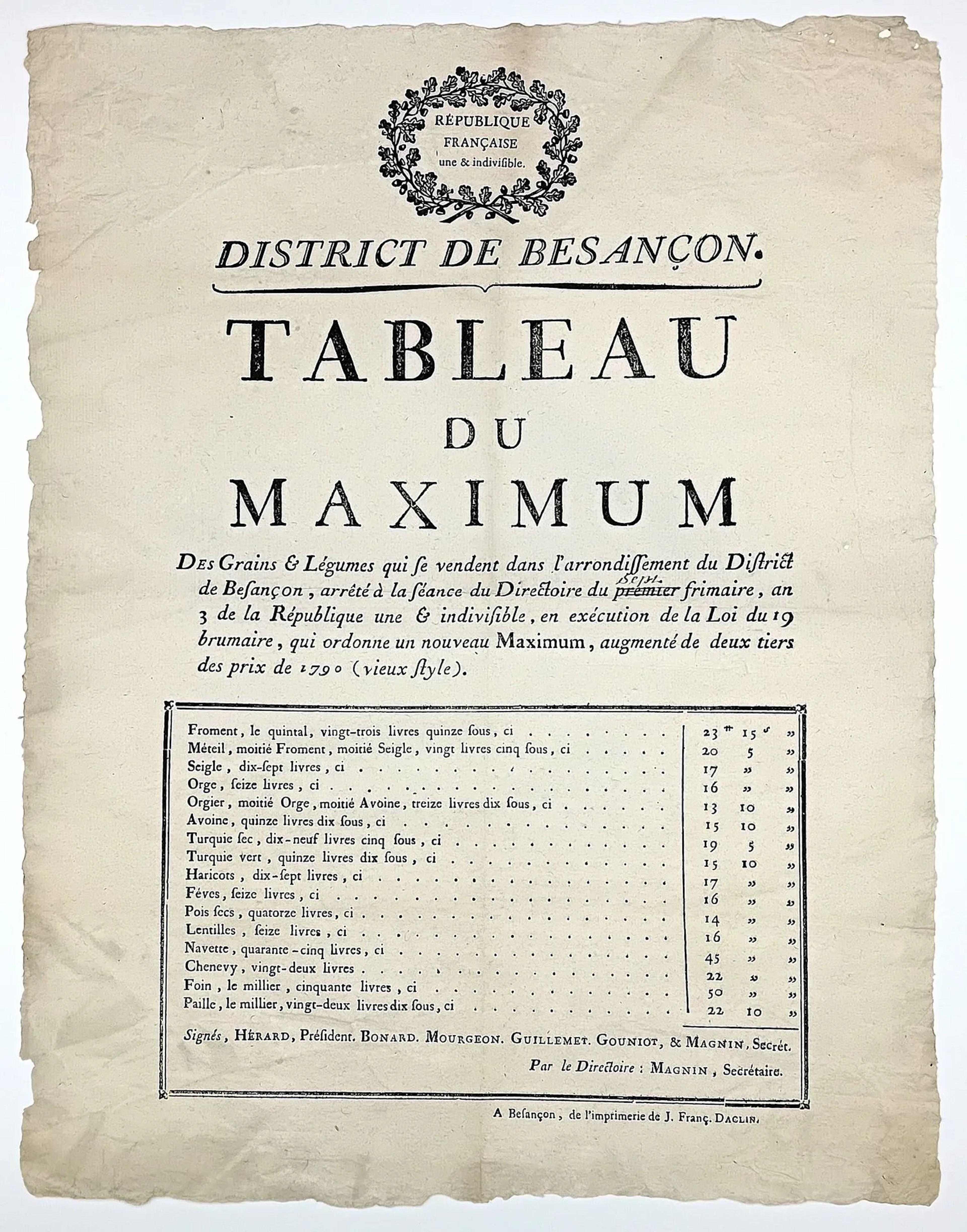 DOUBS. "Tableau du MAXIMUM des Grains et Légumes qui se vend - Lot 350