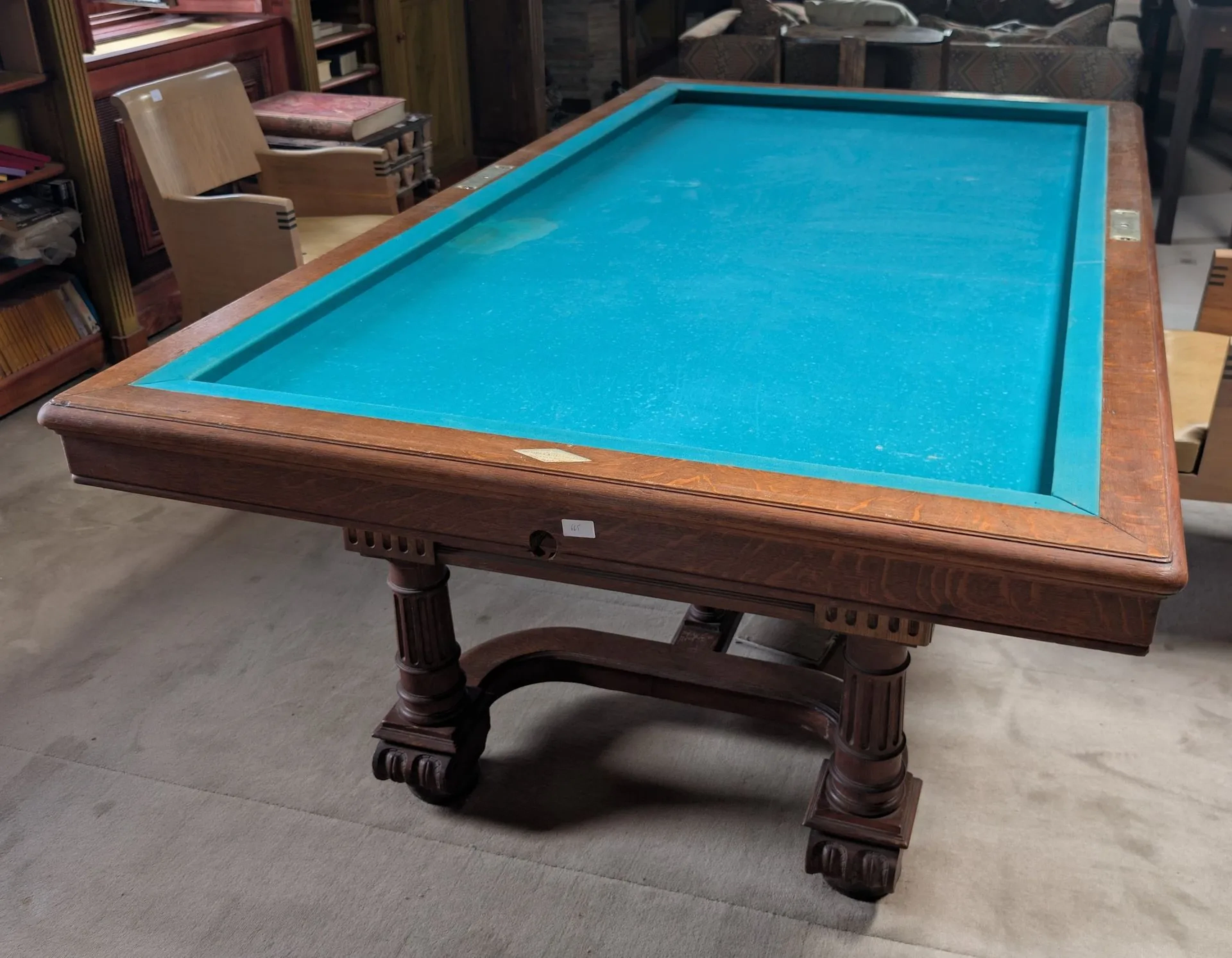 French table billiards, resting on a baluster base, with six - Lot 635
