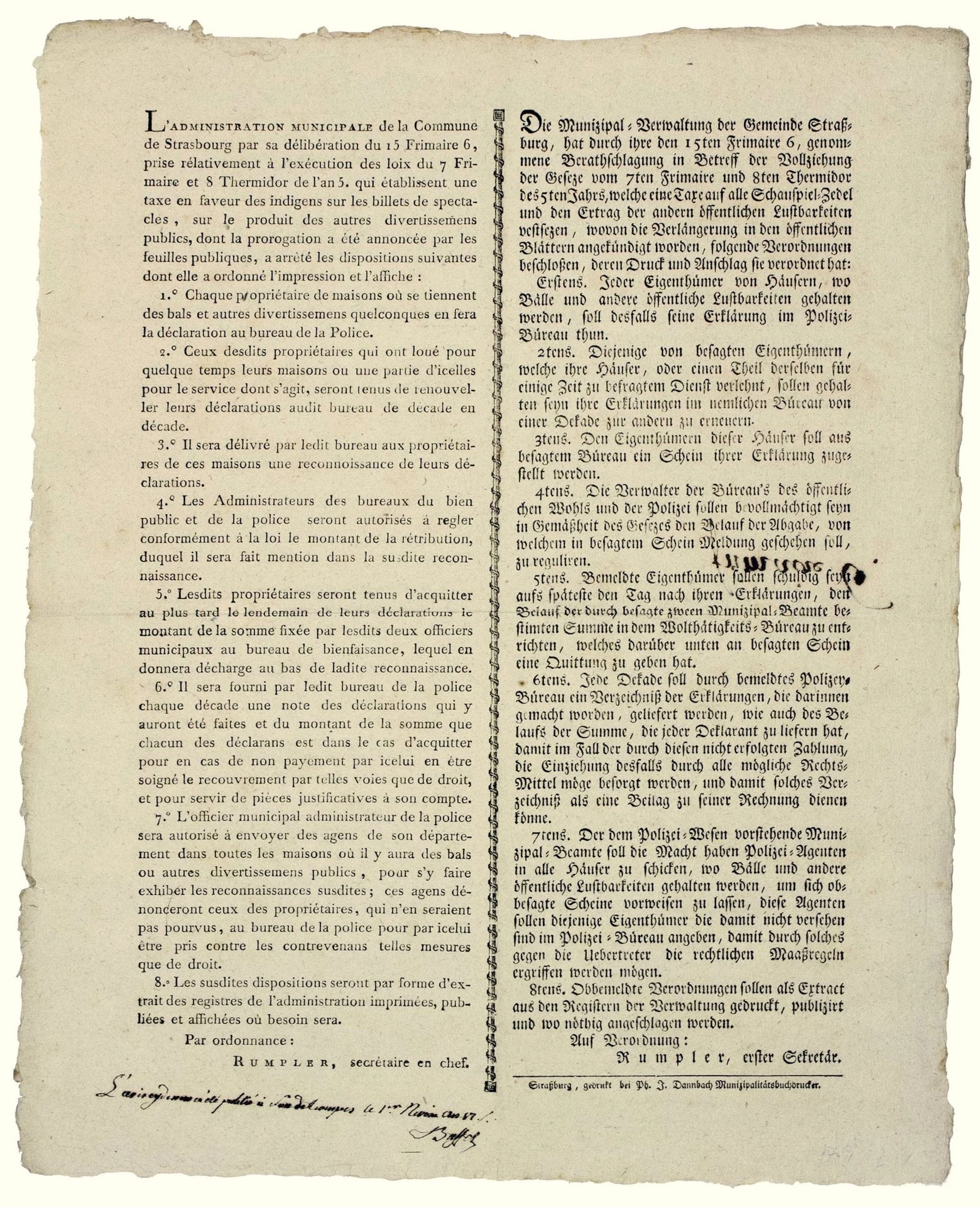 STRASBOURG (BAS-RHIN). TAX on Show Tickets. Arrêté de la Com - Lot 259