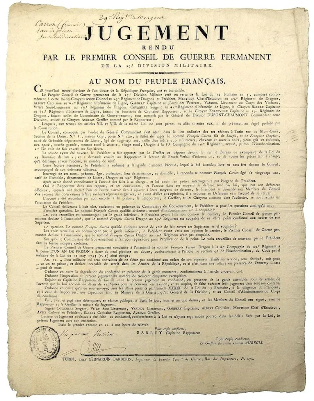 ITALIAN ARMY. "JUGEMENT rendered by the 1st Permanent War Co - Lot 346