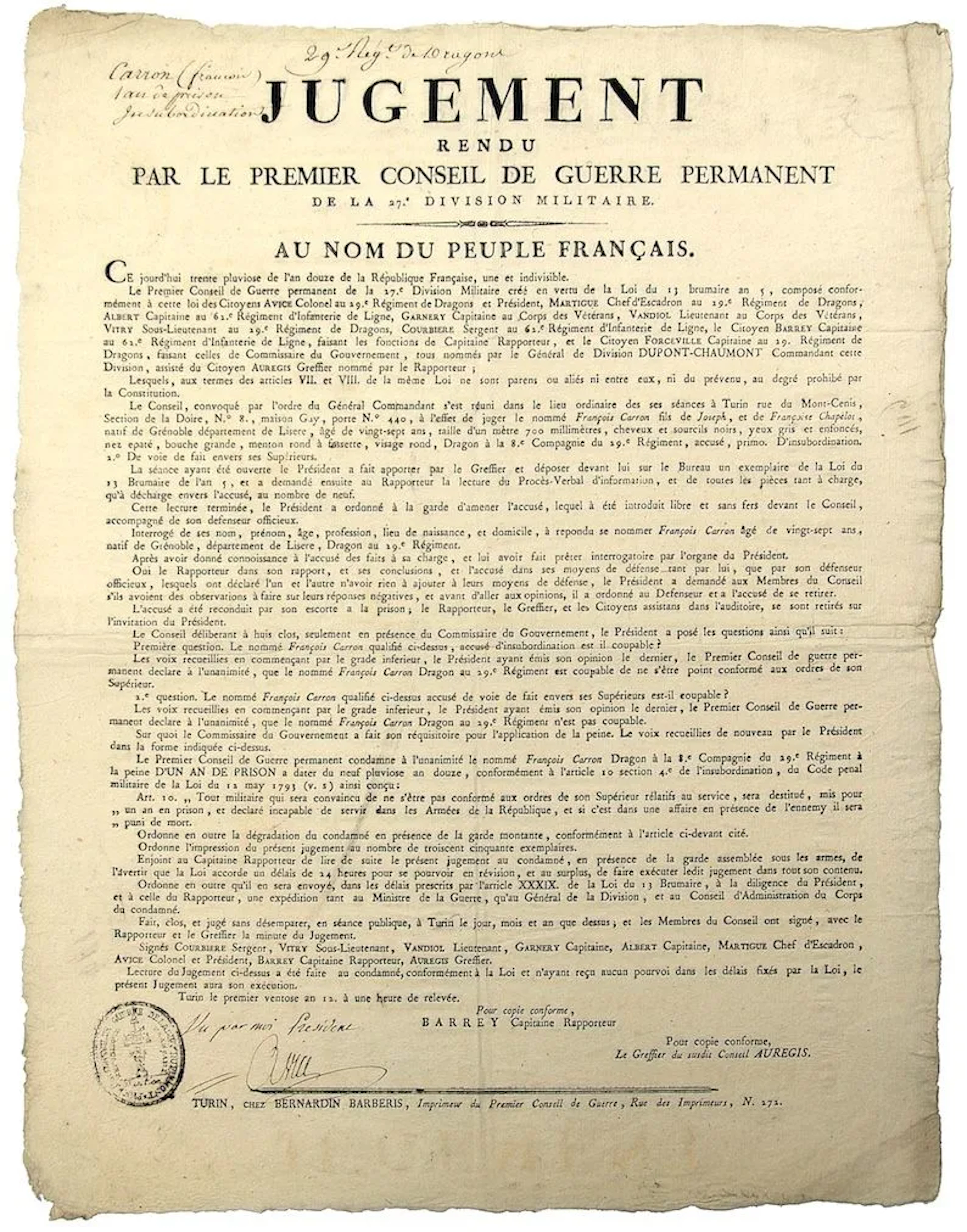 ITALIAN ARMY. "JUGEMENT rendered by the 1st Permanent War Co - Lot 346