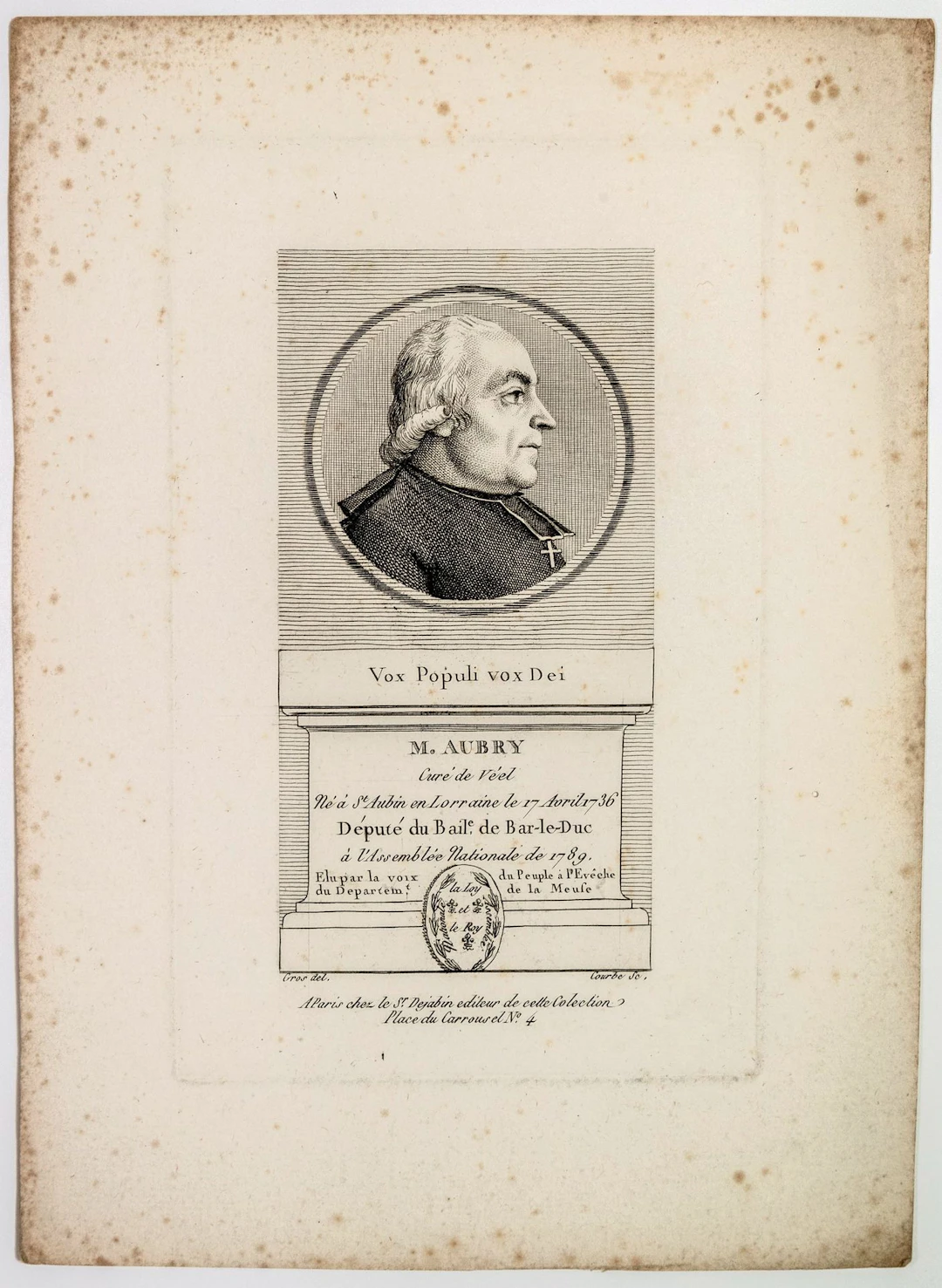 Jean Baptiste AUBRY, Curé de Véel, Député du Bailliage de Ba - Lot 139